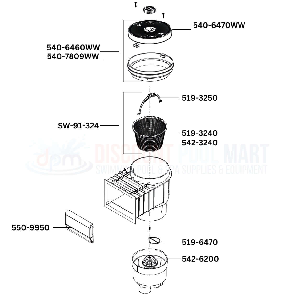 Waterway Renegade In-Ground Skimmer Replacement Parts Diagram from Discount Pool Mart DPM, showing essential components.