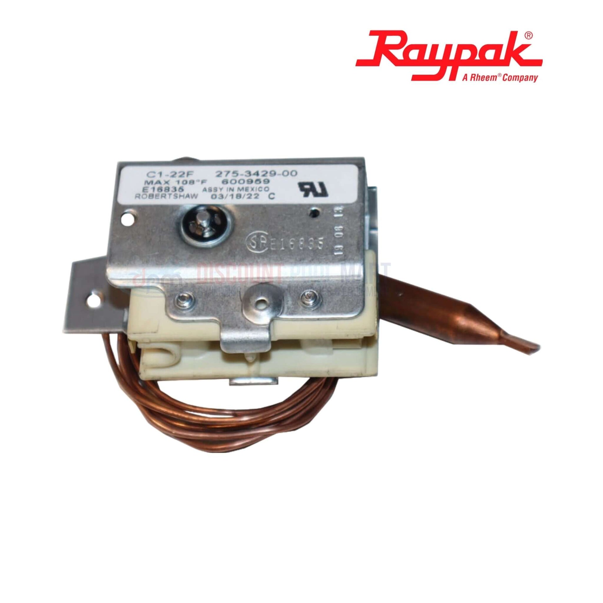 Raypak Heater Thermostat Kit 003346F, mechanical control module for ELS 552-2, 1102-2, and spa use. Discount Pool Mart pool supplies.
