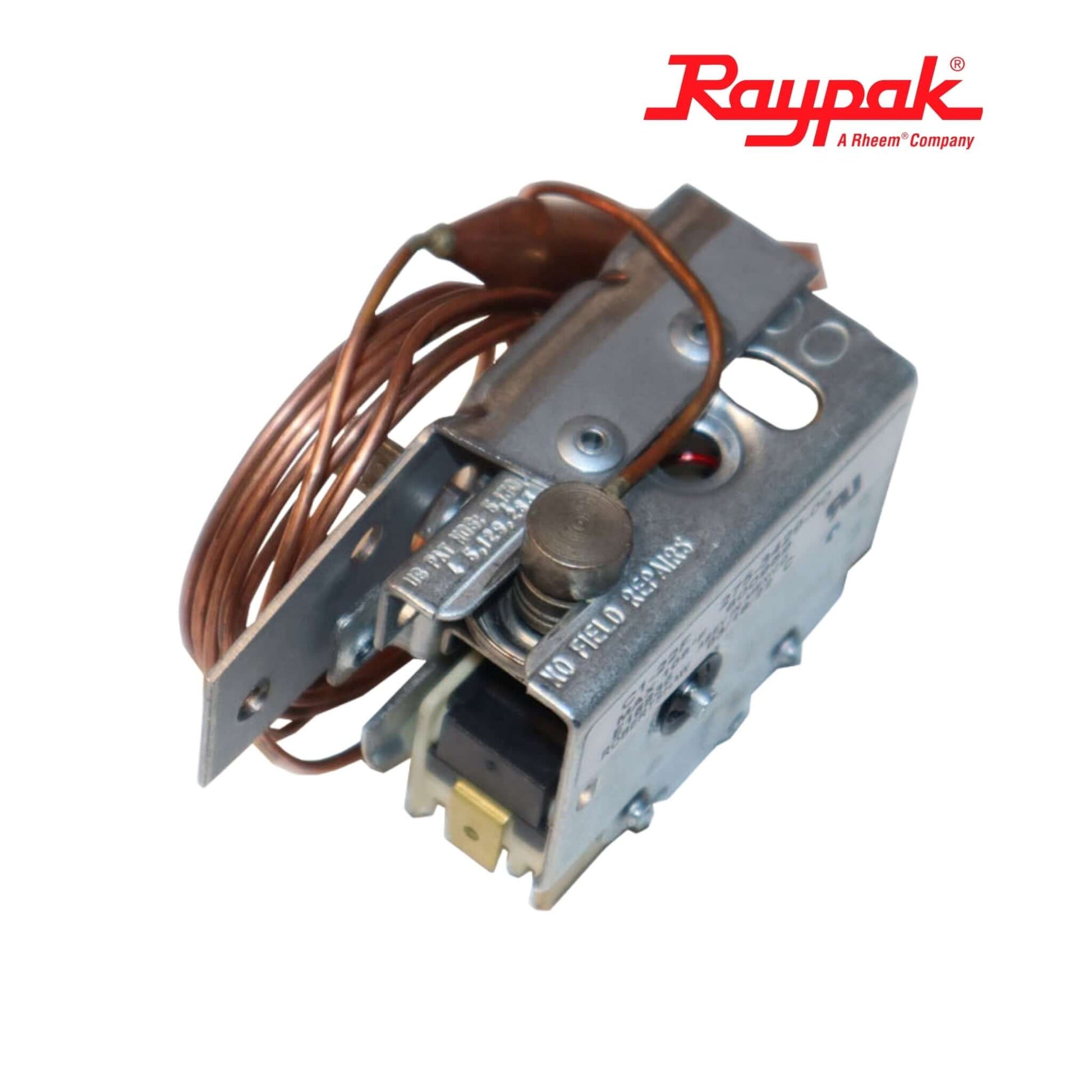 003346F | Raypak Heater Thermostat Kit, detailed view showing copper probe and metal housing, perfect for pool supplies from Discount Pool Mart.