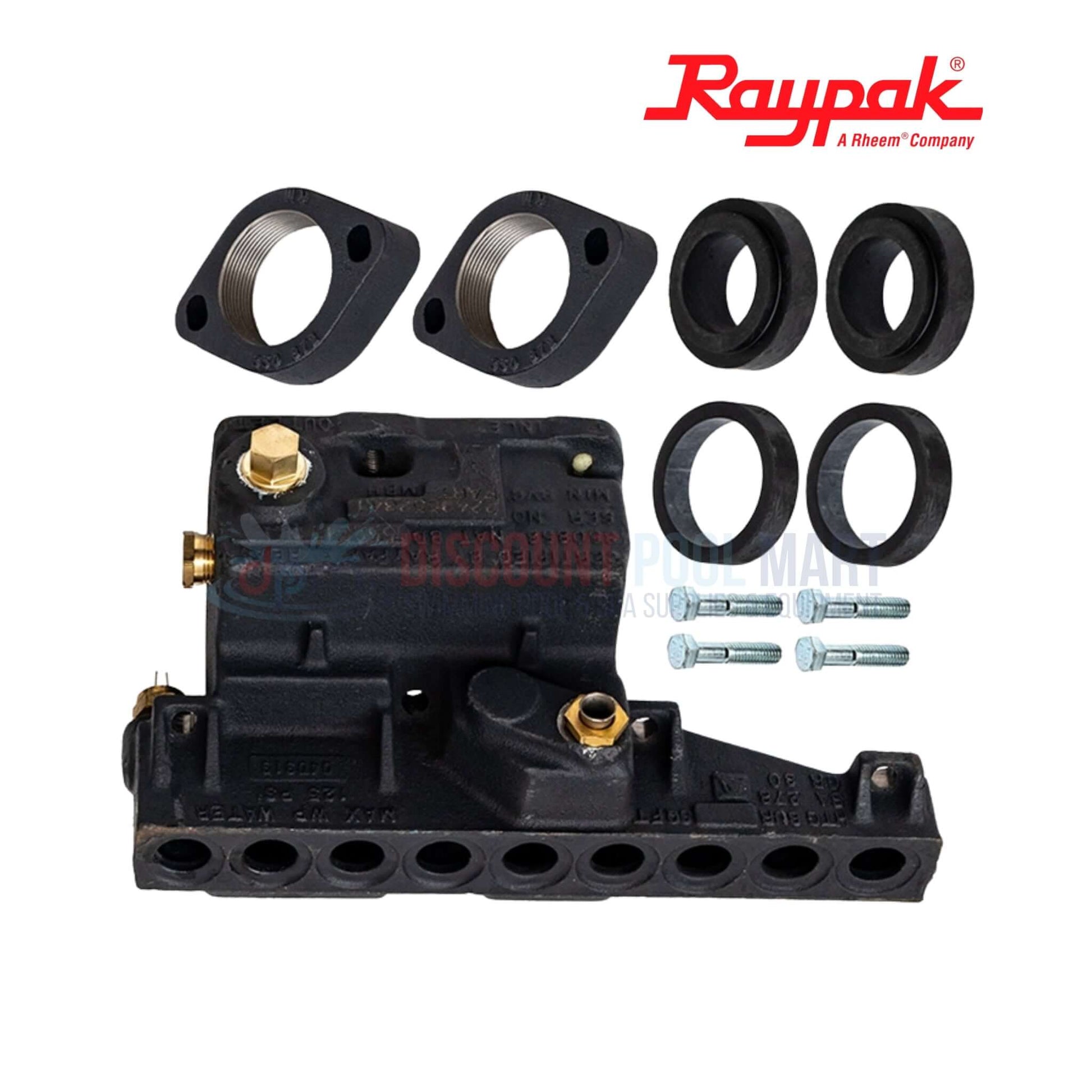 Raypak 006730F | ASME CI Heater Inlet & Outlet Header with flanges, gaskets, and screws for pool supplies.