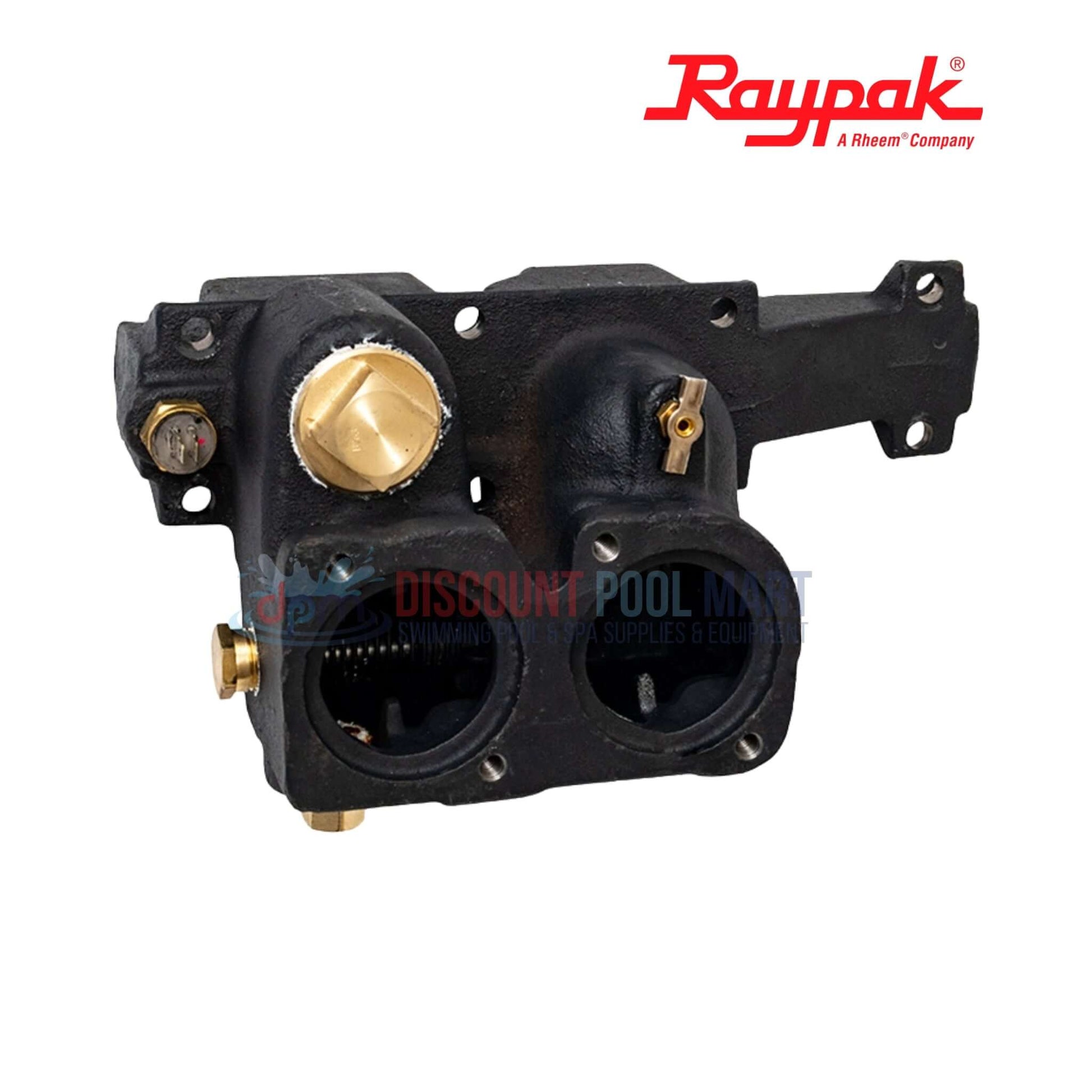 006730F | Raypak ASME CI Heater Inlet & Outlet Header showing a rugged cast-iron design, for pool heaters by Discount Pool Mart.