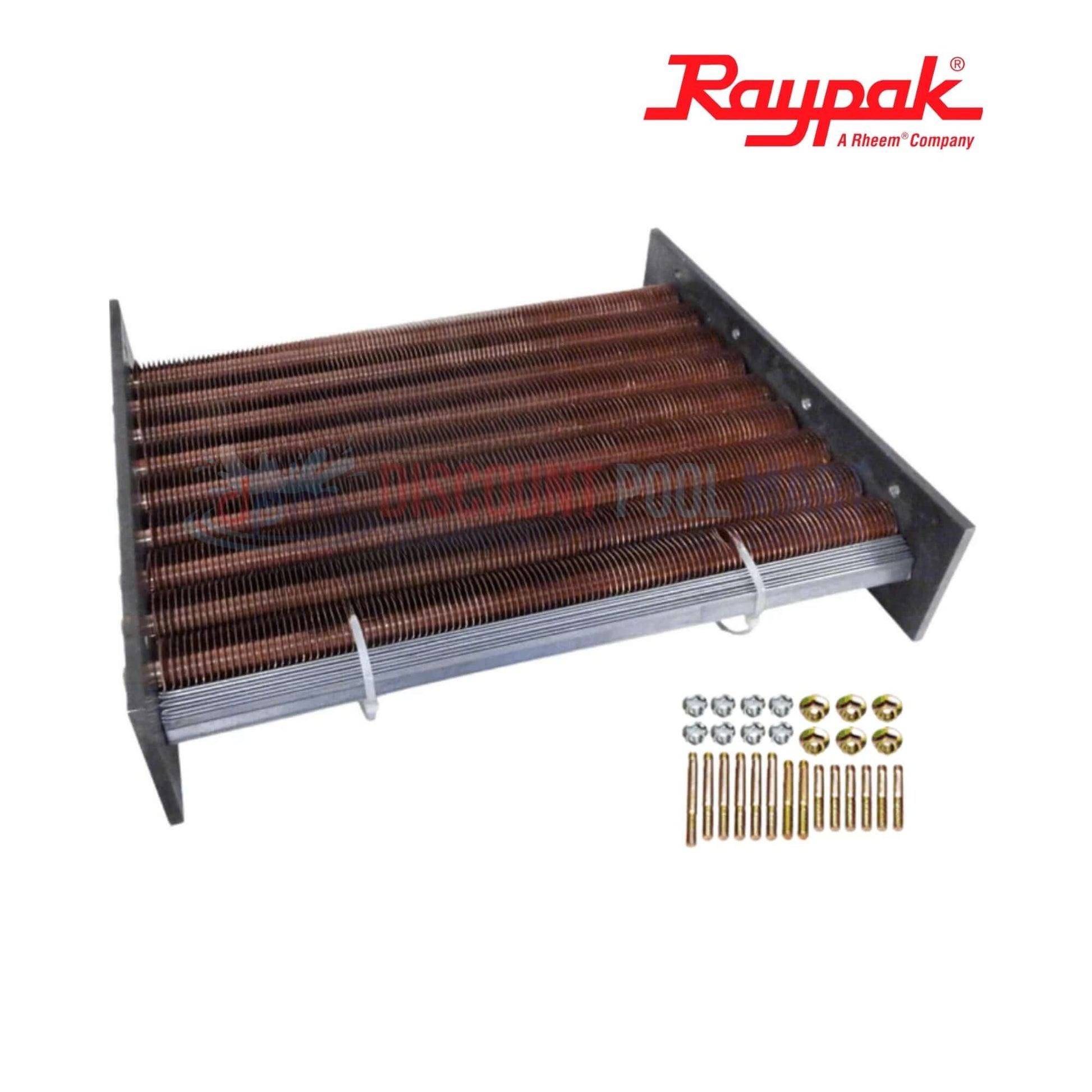 Raypak 006733F | Tube Bundle Heat Exchanger for 265-267, showing copper tubes, ASME header, and accessory kit from Discount Pool Mart.