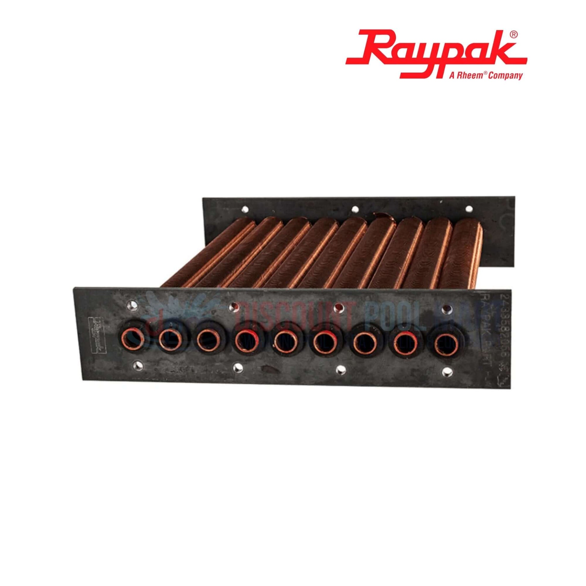 006733F | Raypak Tube Bundle Heat Exchanger For 265-267 showing nine copper tubes, black metal assembly, ideal for pool supplies from Discount Pool Mart.