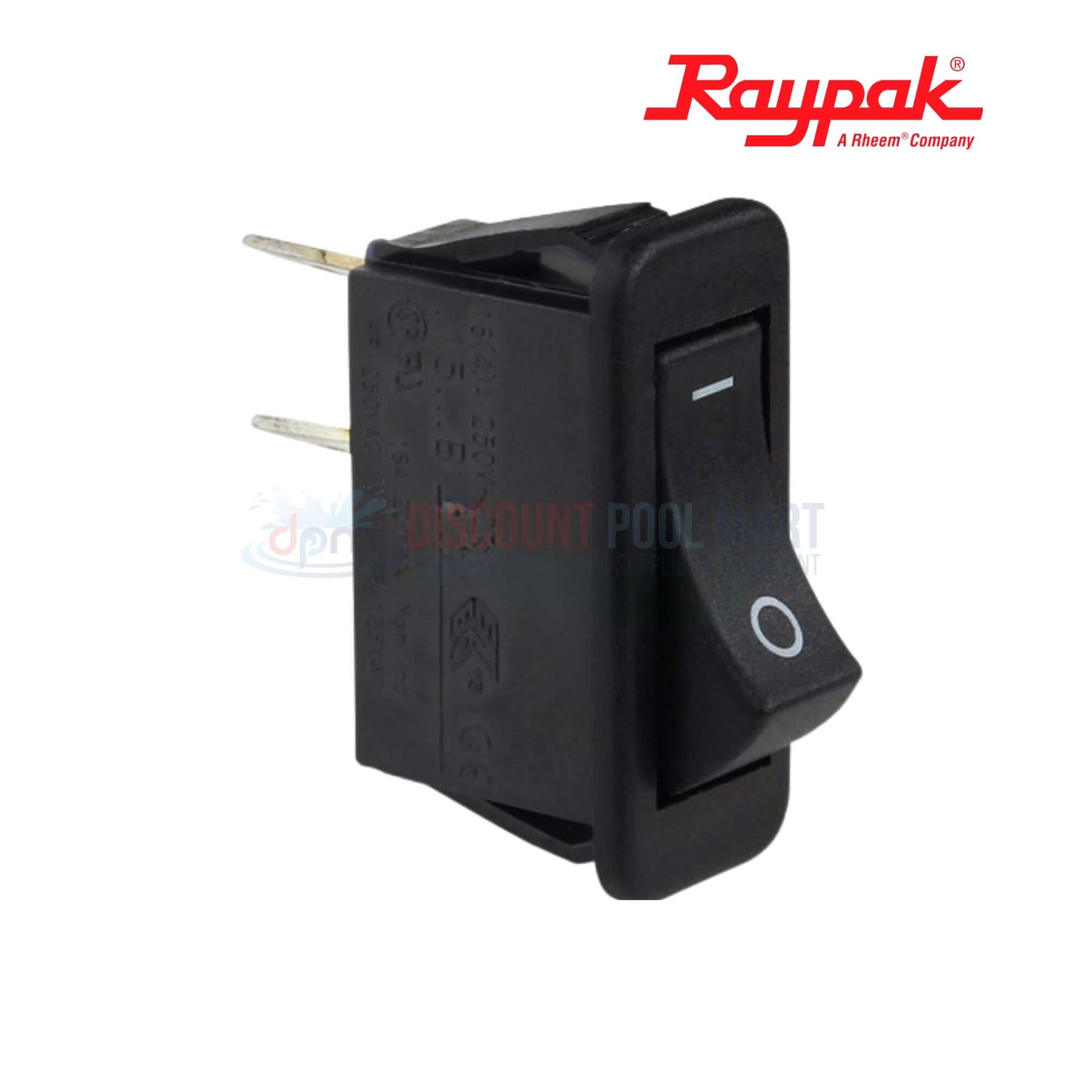 006872F | Raypak Versa Heater Rocker Switch shown from the side, black color, 2 terminals, suitable for pool supplies by Discount Pool Mart.