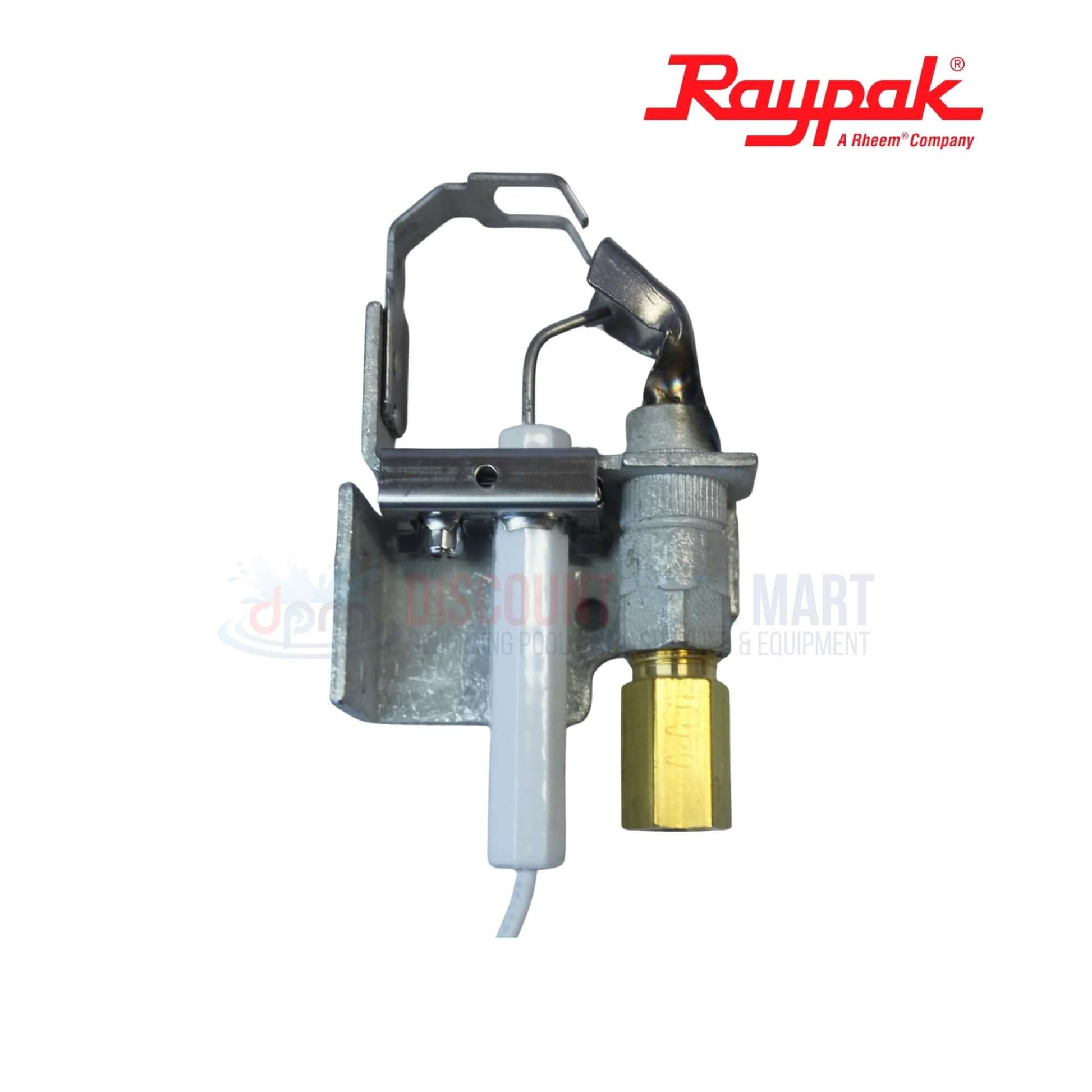 008155F | Raypak R185A-R405B Low NOx Natural Gas Pilot assembly showing metal and white components from Discount Pool Mart.
