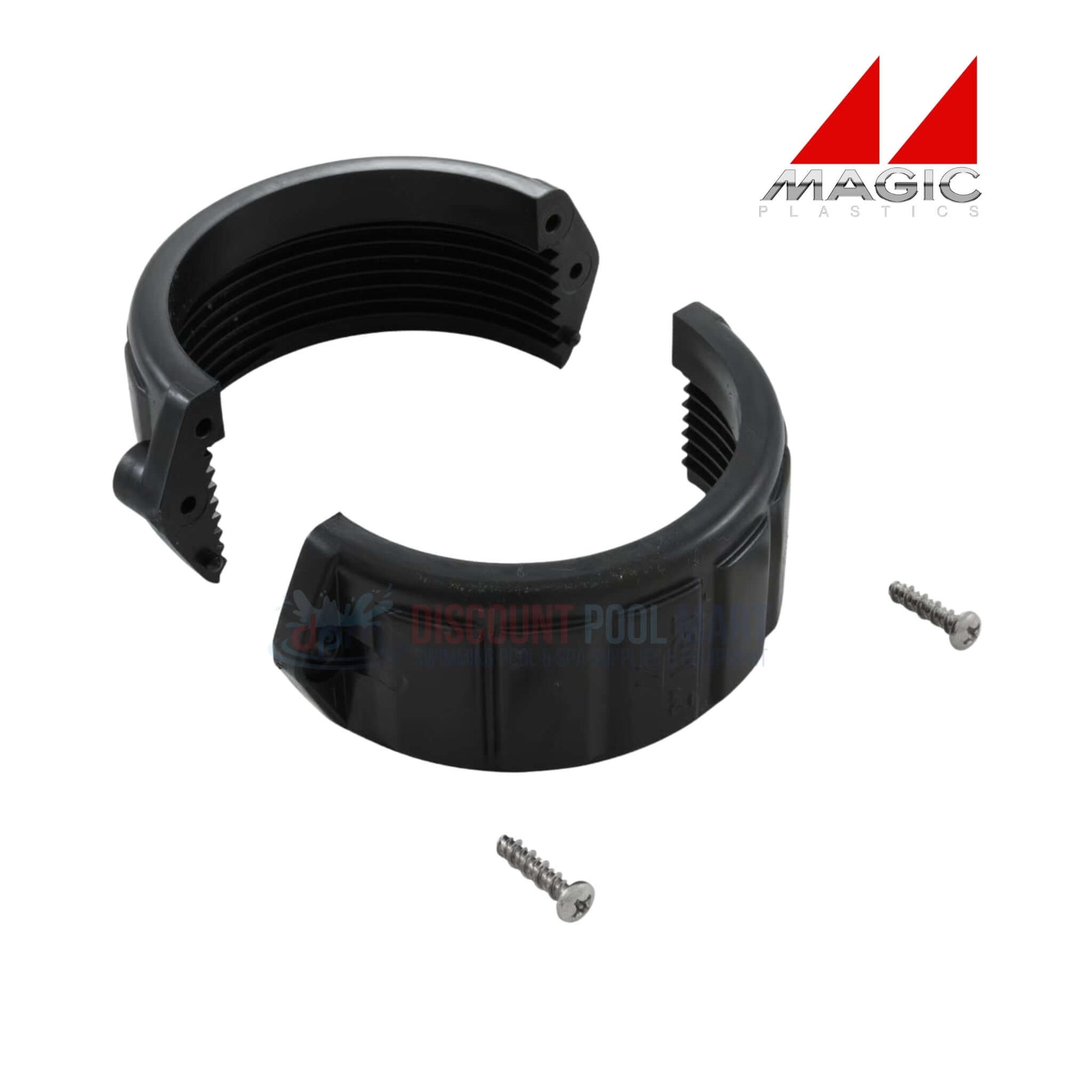 Magic Plastics 2" Split Nut Pump Union 0121109020 with screws, ideal for pool supplies and swimming pool parts.