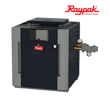 017706 | Raypak 267A Digital Low NOx ASME Pool Heater from Discount Pool Mart, showing black and gray exterior and plumbing connection.