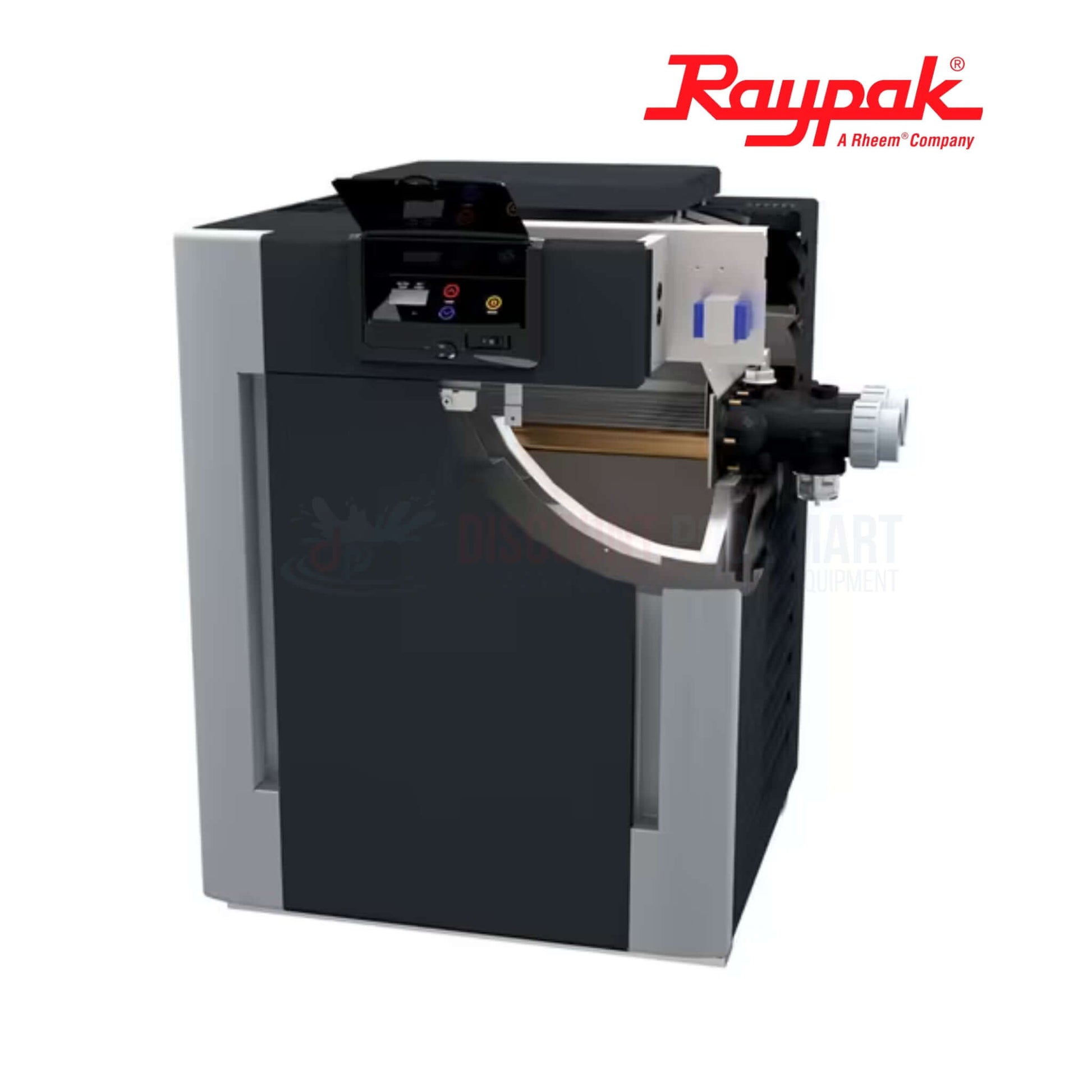 017706 | Raypak 267A Digital Low NOx ASME Pool Heater shown at an angle, black and silver design, from Discount Pool Mart.