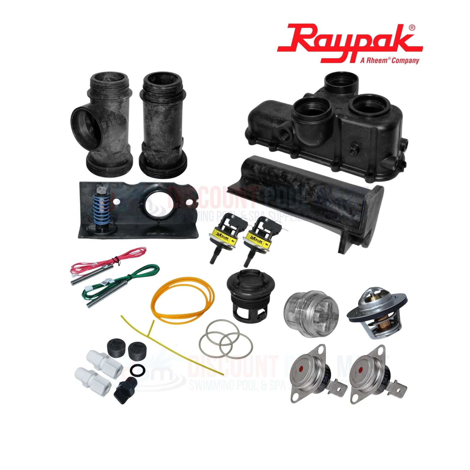 019049F | Raypak Complete Header Kit For Avia 264A & 404A shown with various components for pool heater replacement from Discount Pool Mart.