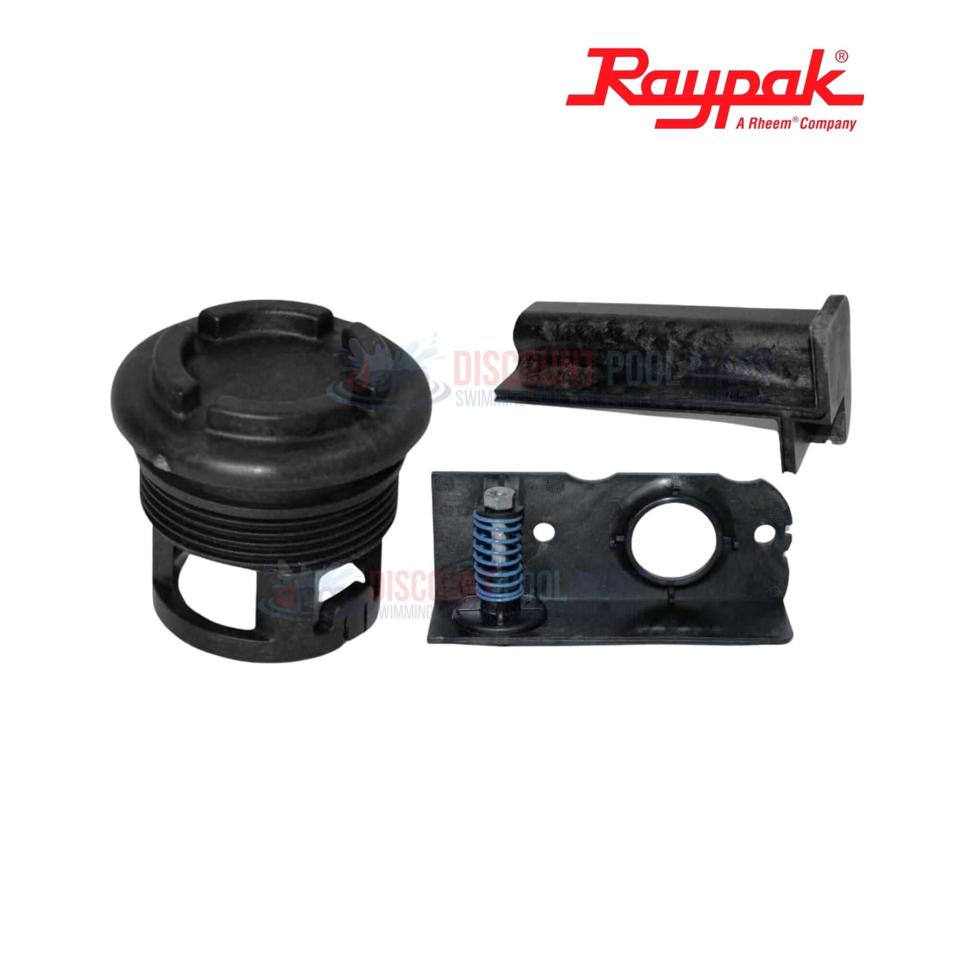 019049F | Raypak Complete Header Kit For Avia 264A & 404A parts including inlet/outlet headers, shown from above, black color, Discount Pool Mart.