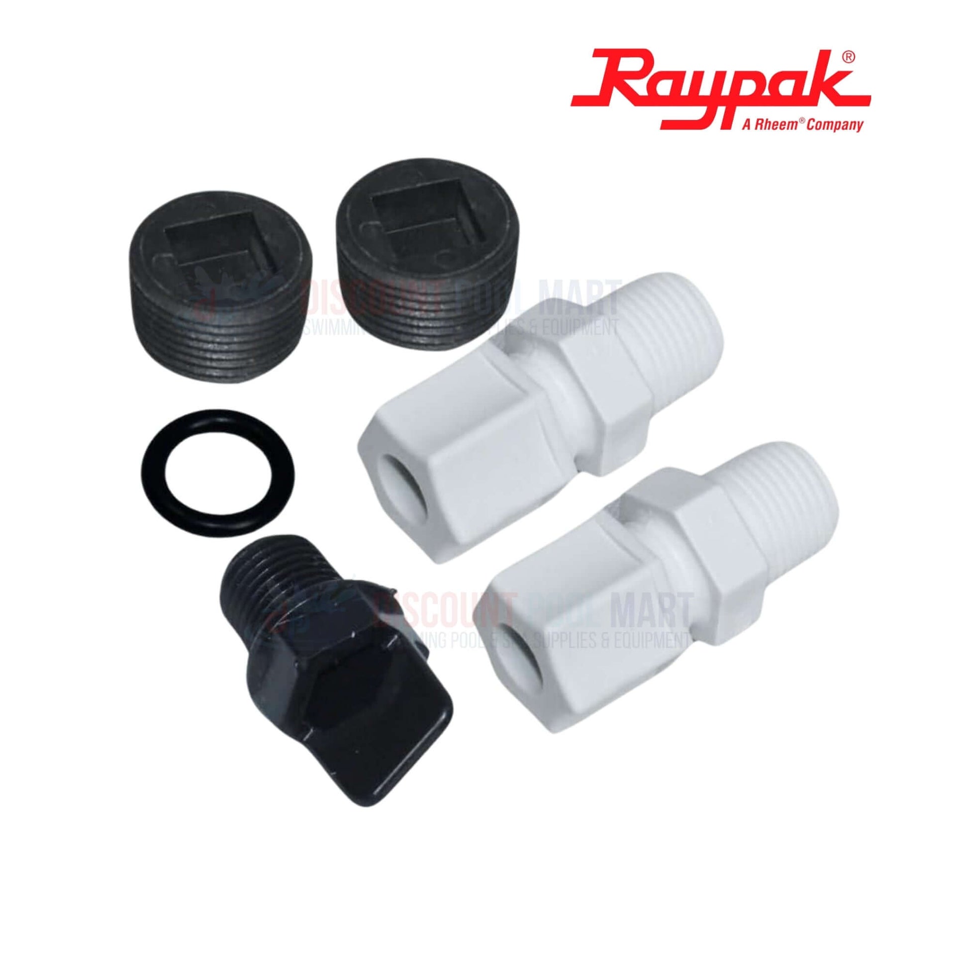 Raypak 019049F | Raypak Complete Header Kit For Avia 264A & 404A with fittings, seals, and plugs from Discount Pool Mart.