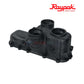 019050F | Raypak Header Kit For Avia 264A & 404A in black, showcasing inlet and outlet connections for pool heaters.