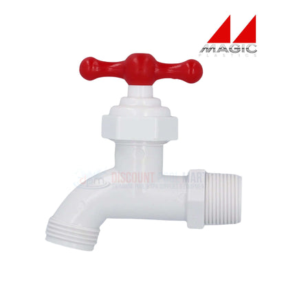 Magic Plastics 0203-07 ¾" MPT PVC Hose Bibb Adapter in white with red handle for pool supplies from Discount Pool Mart.