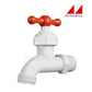 Magic Plastics 0203-07 3/4" MPT PVC hose bibb adapter in white with red handle, ideal for pool supplies at Discount Pool Mart.
