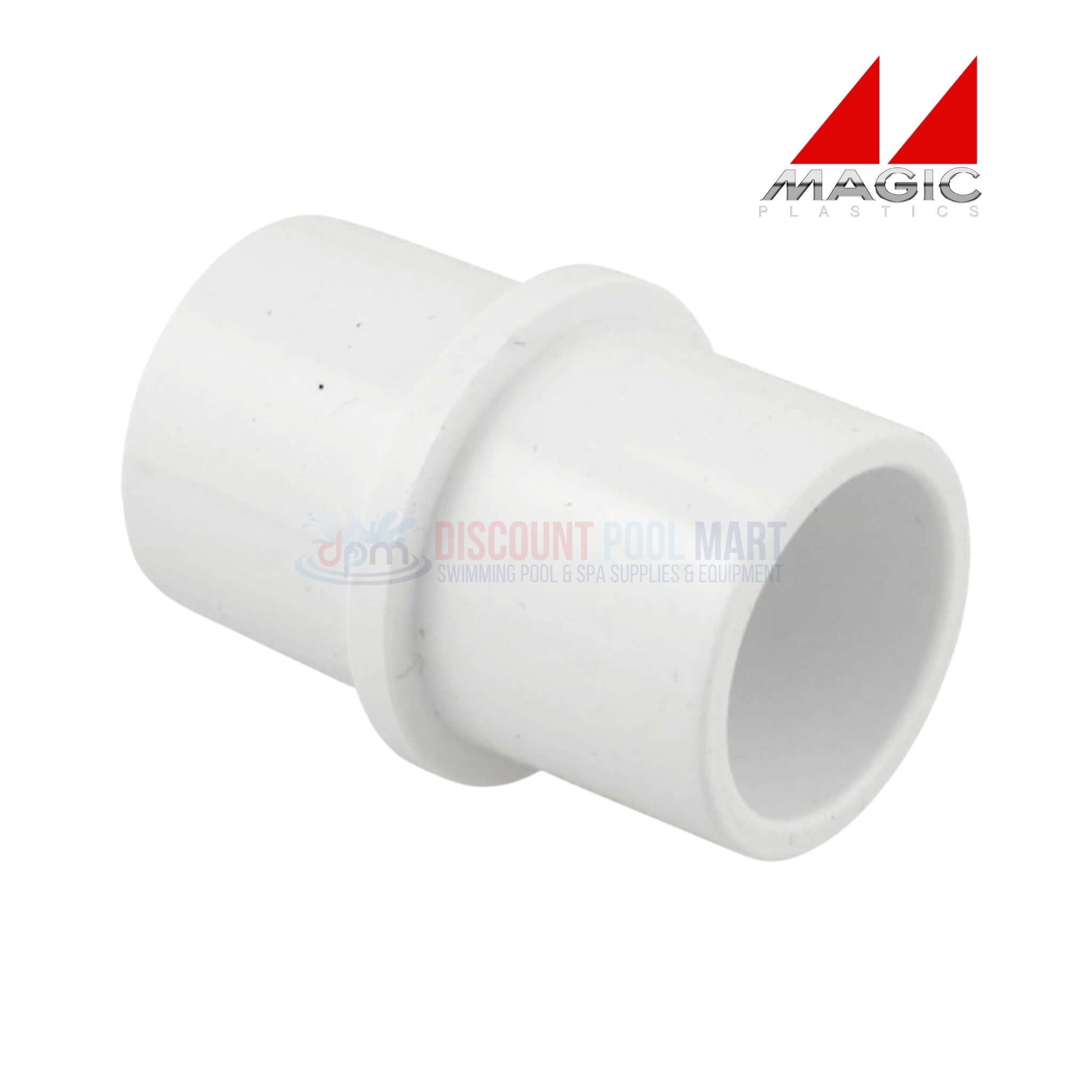 0302-15 | Magic Plastics 1.5" Pipe Inside Connector Coupler in white, showcasing watertight design for pool supplies from DPM.