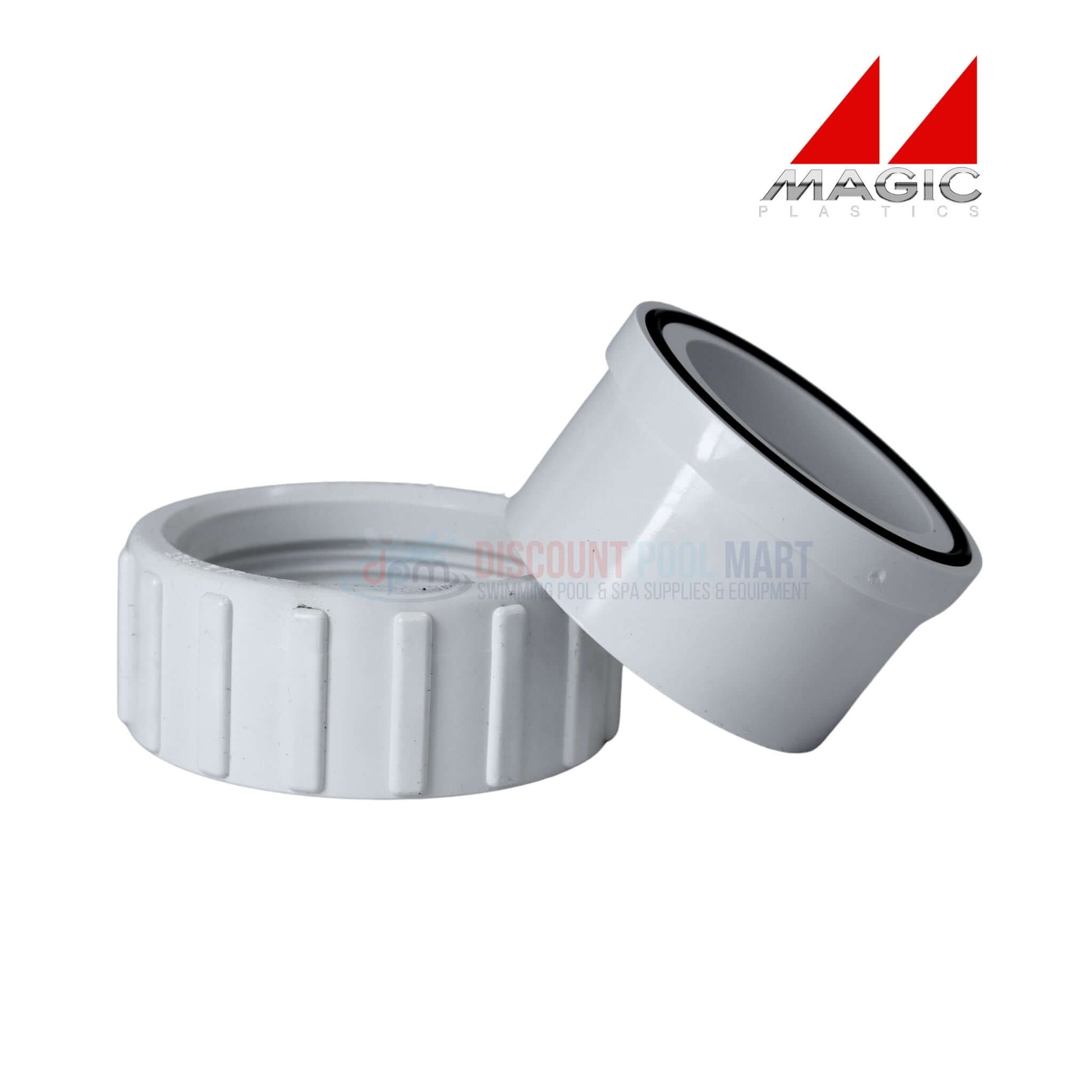 Magic Plastics 0602-15 1.5" pump union FBT x slip, white, for easy PVC plumbing connection. Available at Discount Pool Mart.