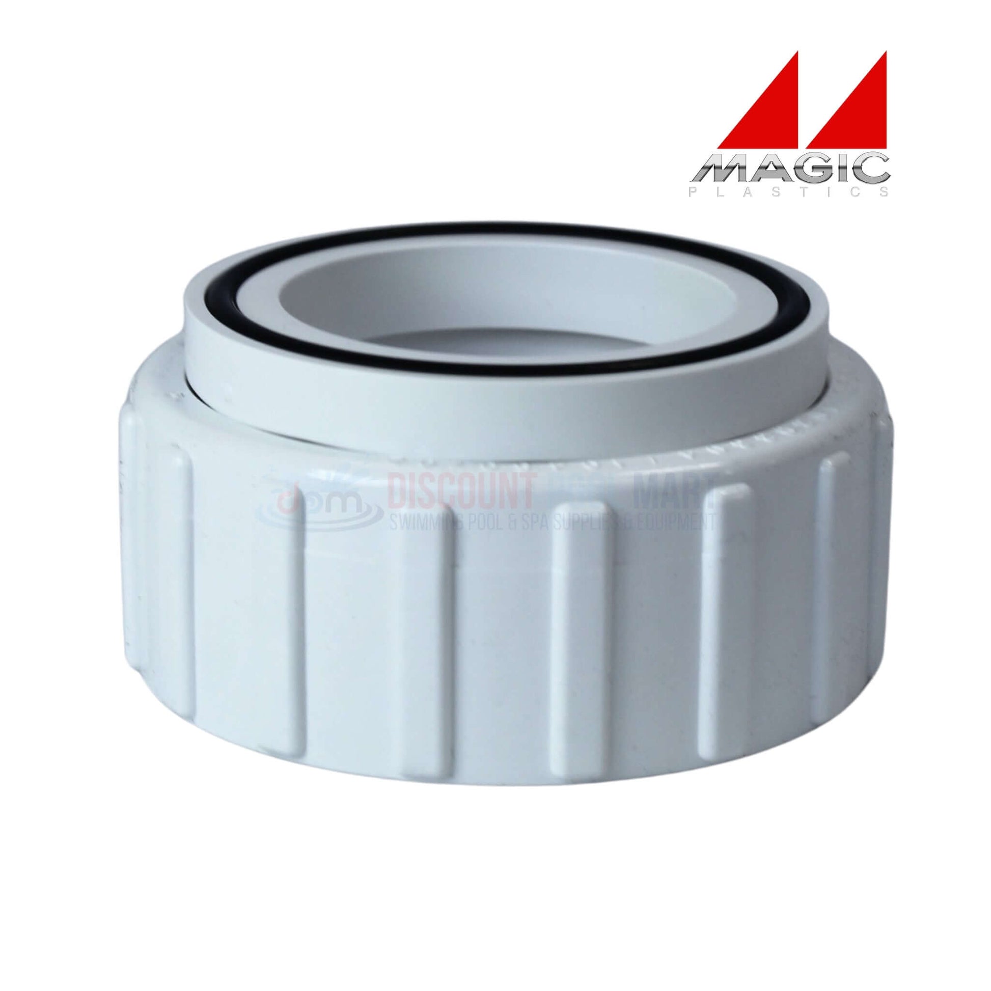 Magic Plastics 2" Pump Union Assembly 0602-20 shown in white with threaded design for pool supplies at Discount Pool Mart.
