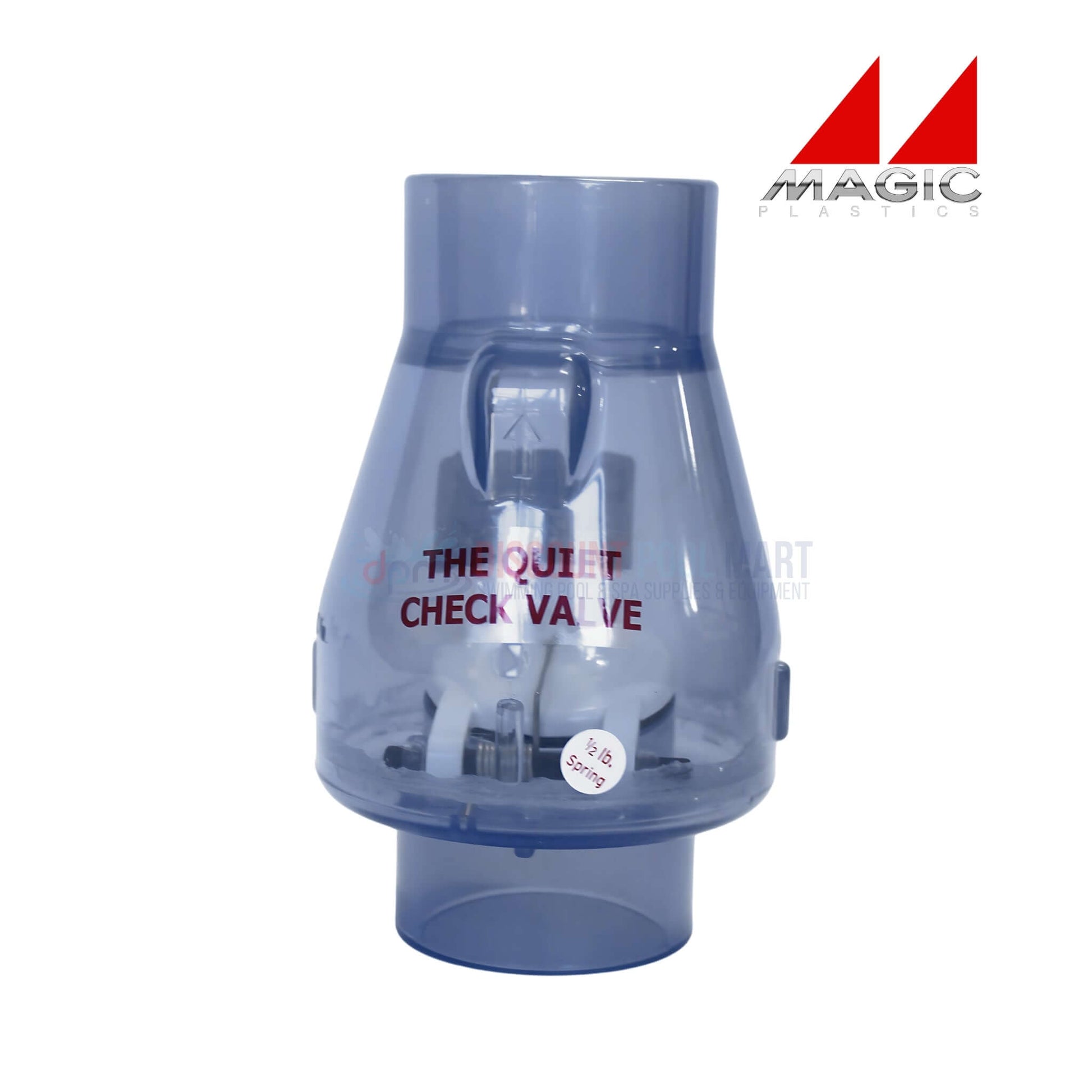 Magic Plastics 0821-20C clear 2" slip x slip check valve for pool supplies at Discount Pool Mart, showing smooth one-way flow mechanism.