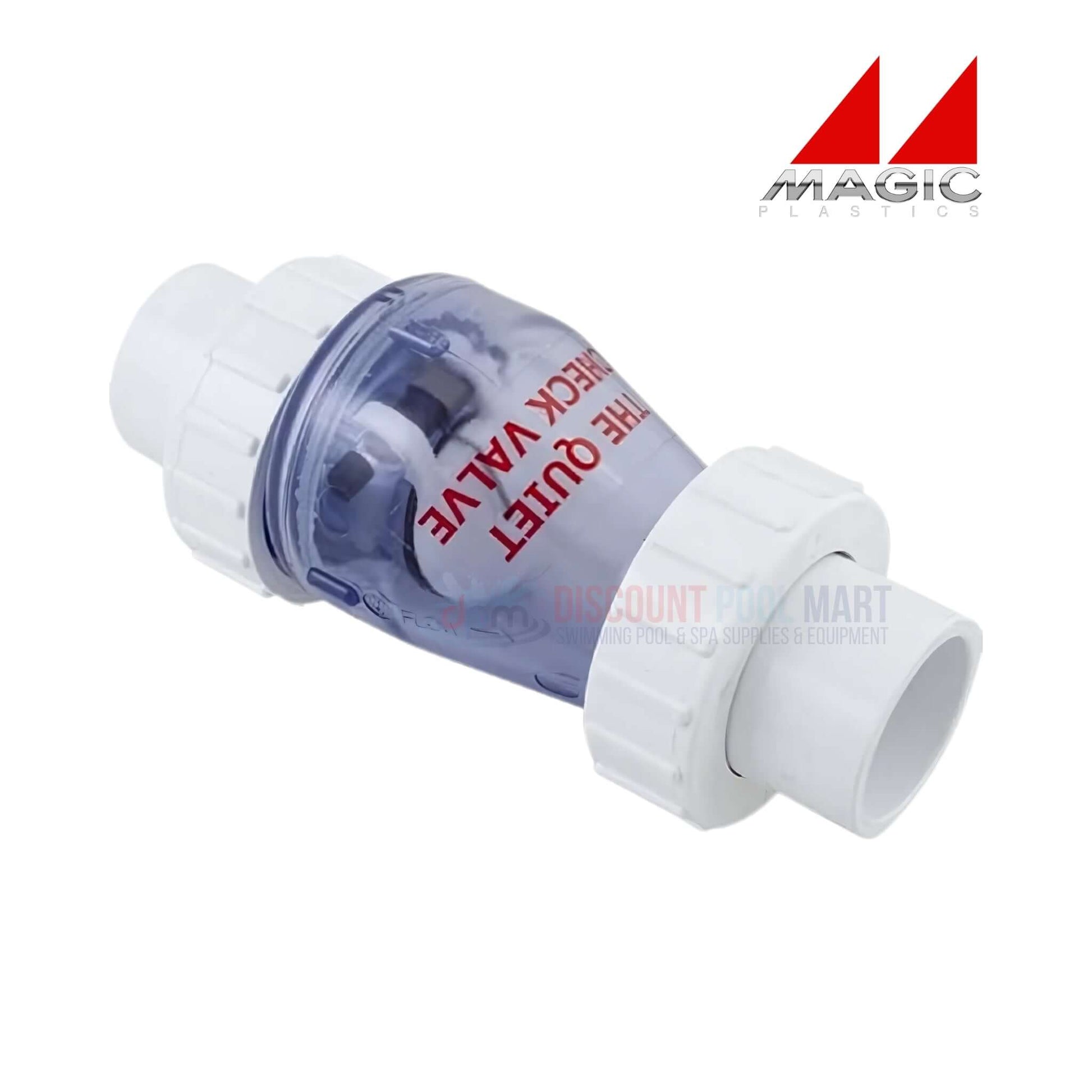 Magic Plastics 0823-10C 1" Union Swing Spring Check Valve, clear with DPM logo, used for pool supplies and irrigation systems.