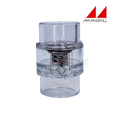 Magic Plastics 0830-15C clear 1.5" slip x 2" spigot check valve, shown from the front, ideal for pool supplies at Discount Pool Mart.