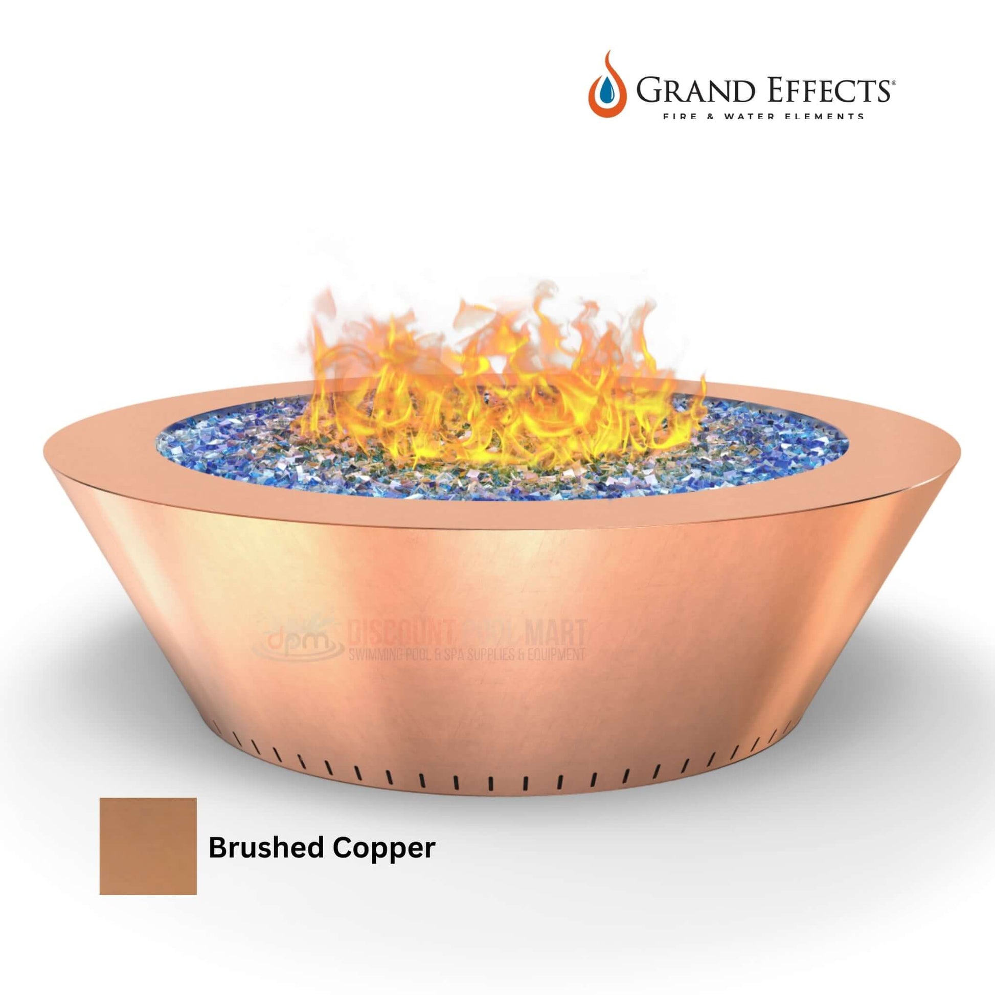 Grand Effects Copper Fire Table from Discount Pool Mart DPM, SKU: Grand Essex, elegant design with flames.