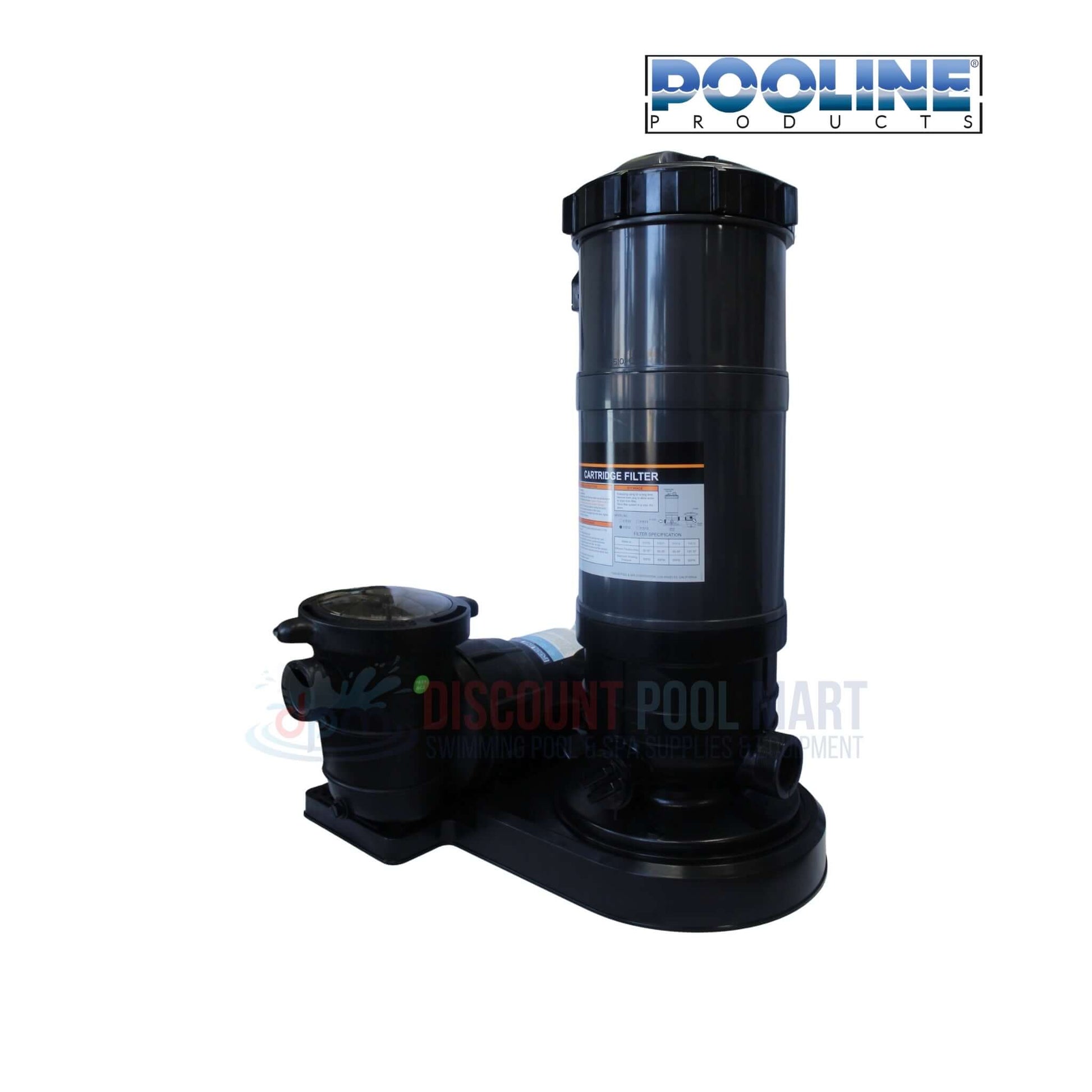 Black Pooline Cartridge Filter & 0.75 HP Pump, SKU 11512, shown at angle for pool supplies, from Discount Pool Mart.
