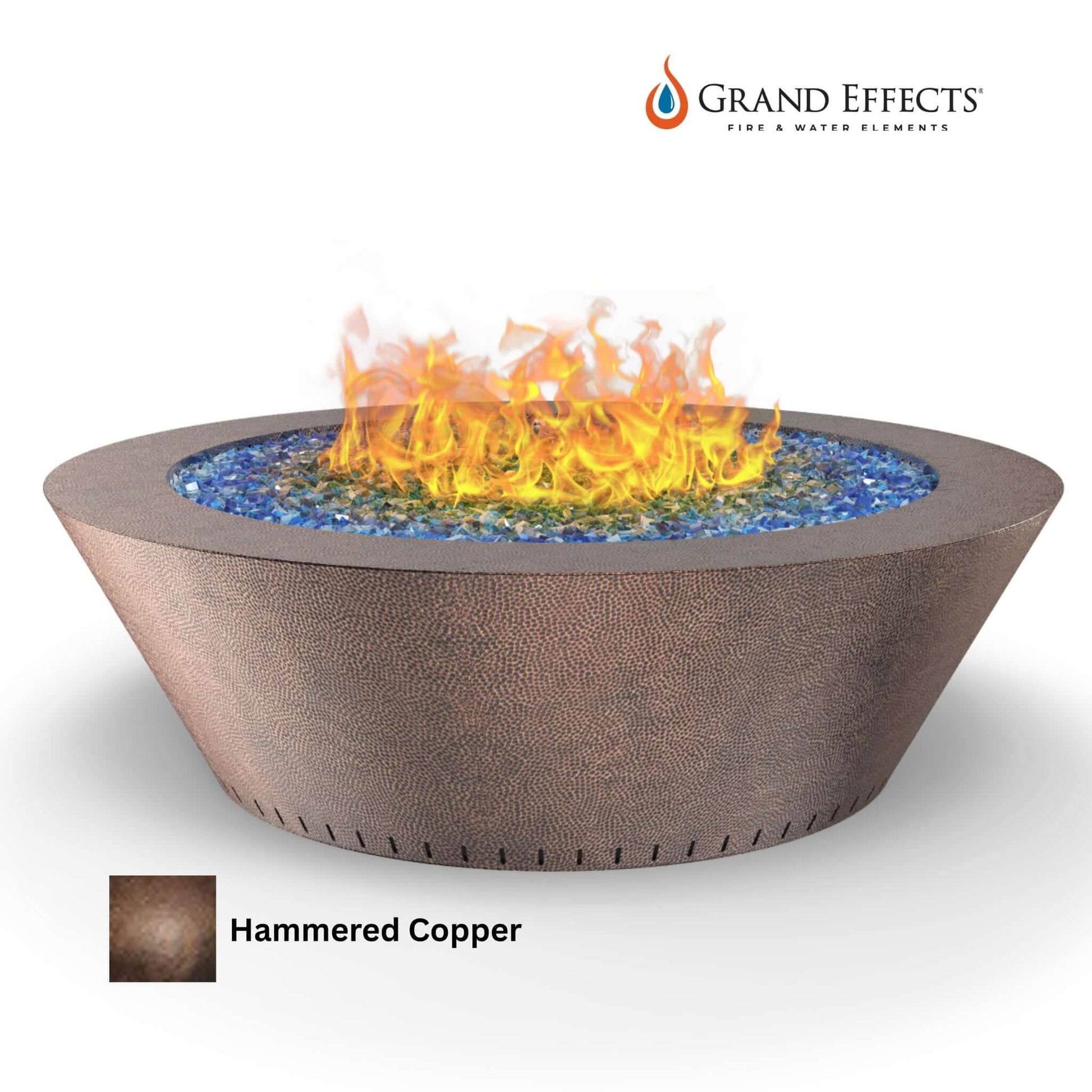 Grand Effects Oil Rubbed Grand Essex Fire Table in Hammered Copper by DPM, SKU: 12345, outdoor centerpiece with flames.