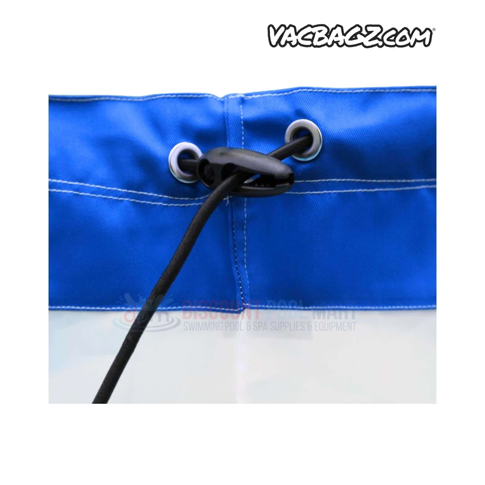 Close-up of VacBagz 1506-30 | VacBagz Power Vacuum 80 Micron Bag | 30" | Blue neck design with bungee cord, ideal for pool cleaning.
