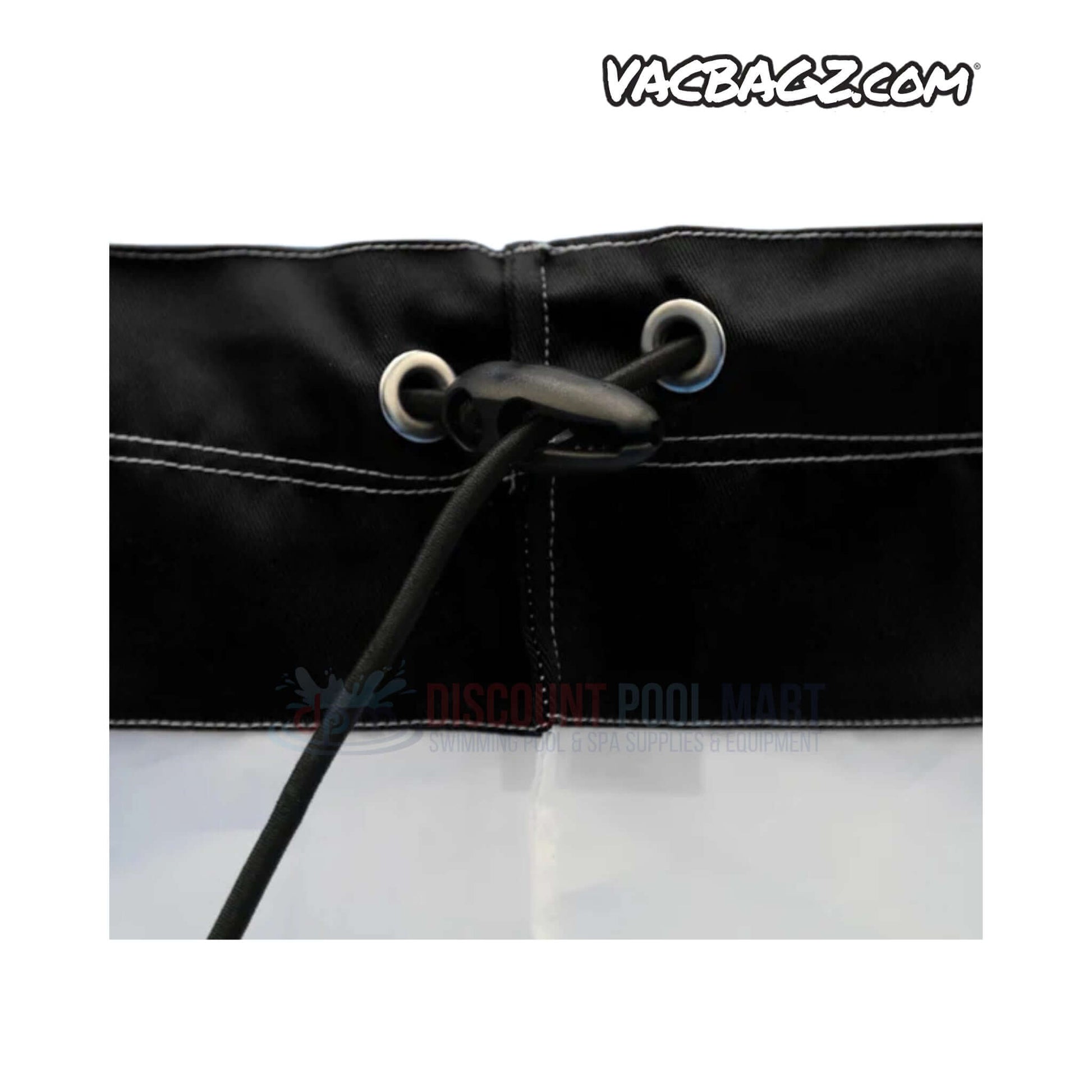 Close-up of VacBagz 1503-30 black vacuum bag's top, showcasing tie and grommets, ideal for pool cleaning, from Discount Pool Mart.