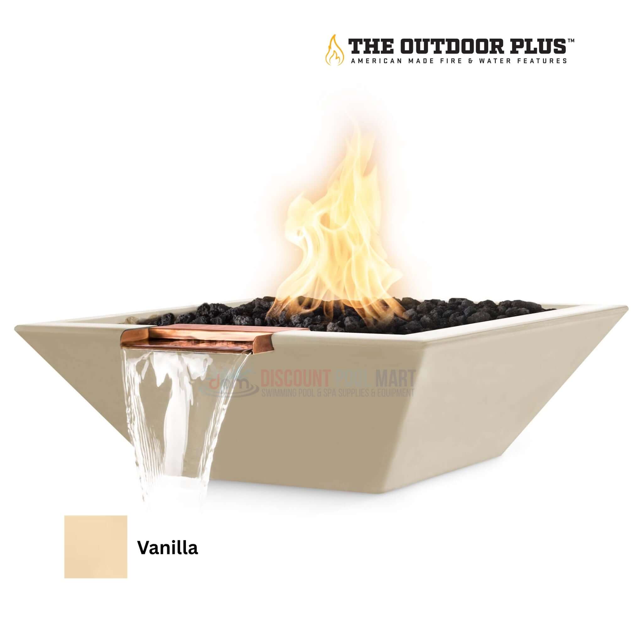 The Outdoor Plus Maya Fire & Water Bowl in Vanilla - GFRC Concrete by Discount Pool Mart DPM with flames and flowing water.