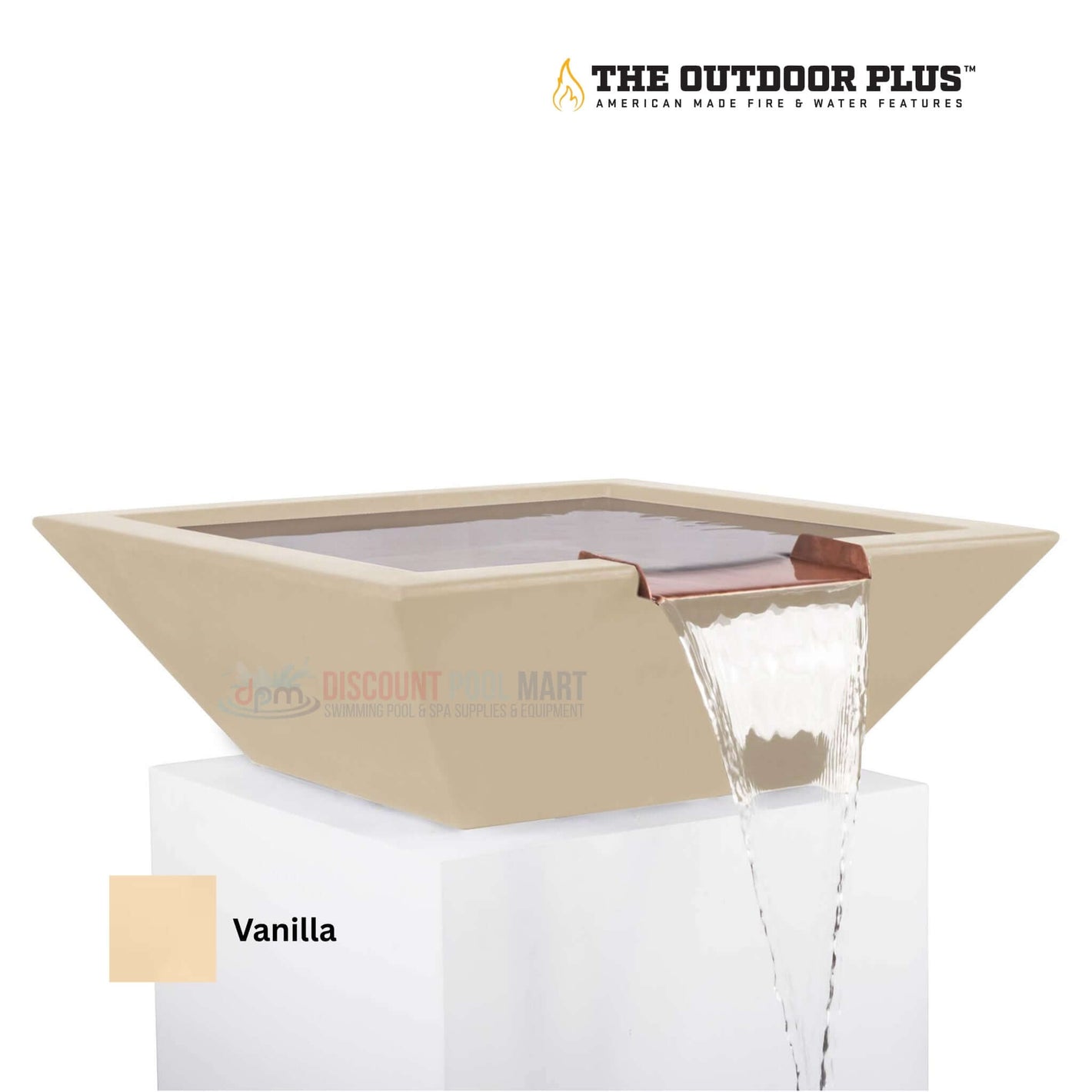 The Outdoor Plus Maya Water Bowl GFRC Concrete by Discount Pool Mart, modern square water feature in Vanilla finish.