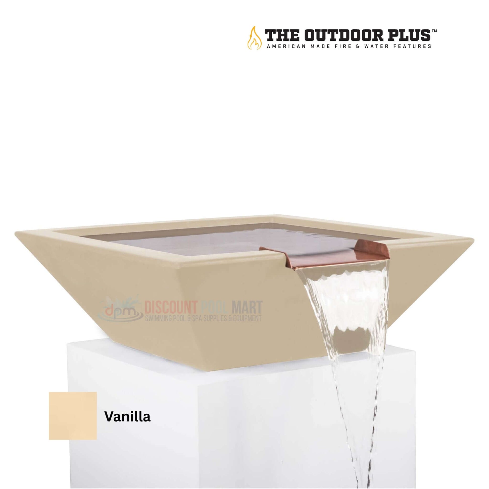 The Outdoor Plus Maya Water Bowl GFRC Concrete by Discount Pool Mart, modern square water feature in Vanilla finish.