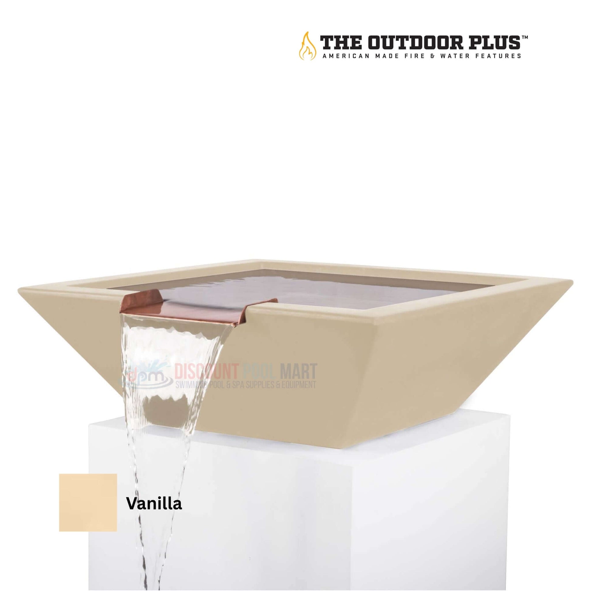The Outdoor Plus Maya Water Bowl GFRC Concrete in Vanilla from Discount Pool Mart DPM, modern square water feature.