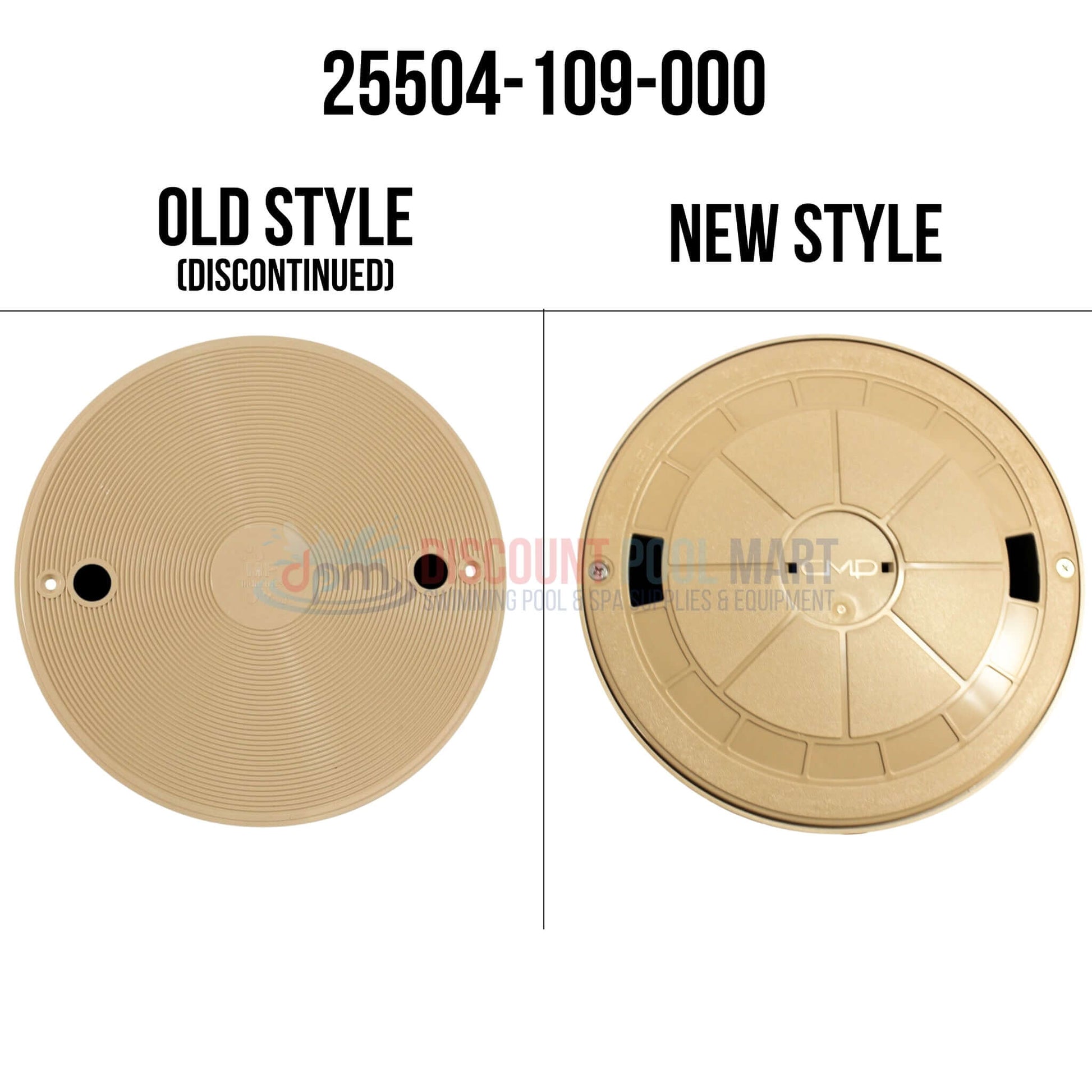 Comparison of old and new styles of 25504-109-000 | CMP Auto Fill Pool Water Leveler Tan by Discount Pool Mart.