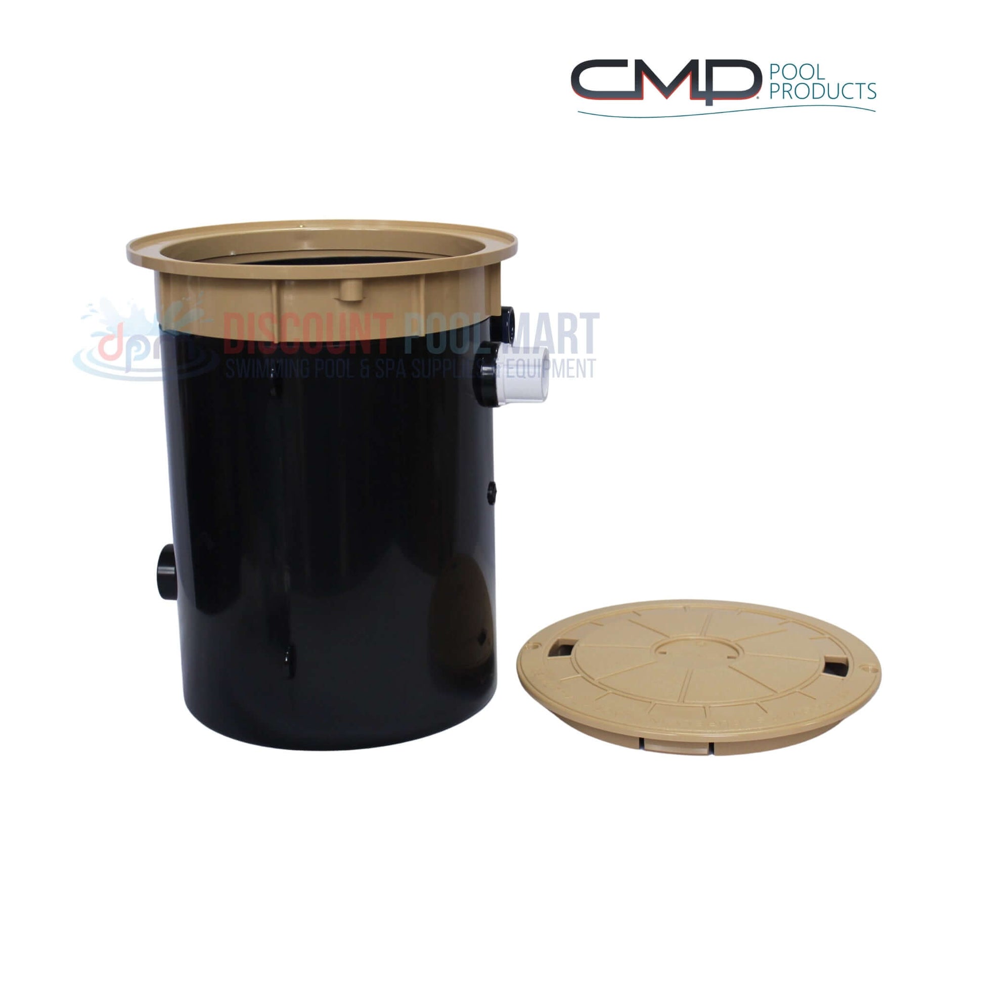 CMP Auto Fill Pool Water Leveler Tan 25504-109-000 showing tan lid and collar, black body, ideal for pool water management.