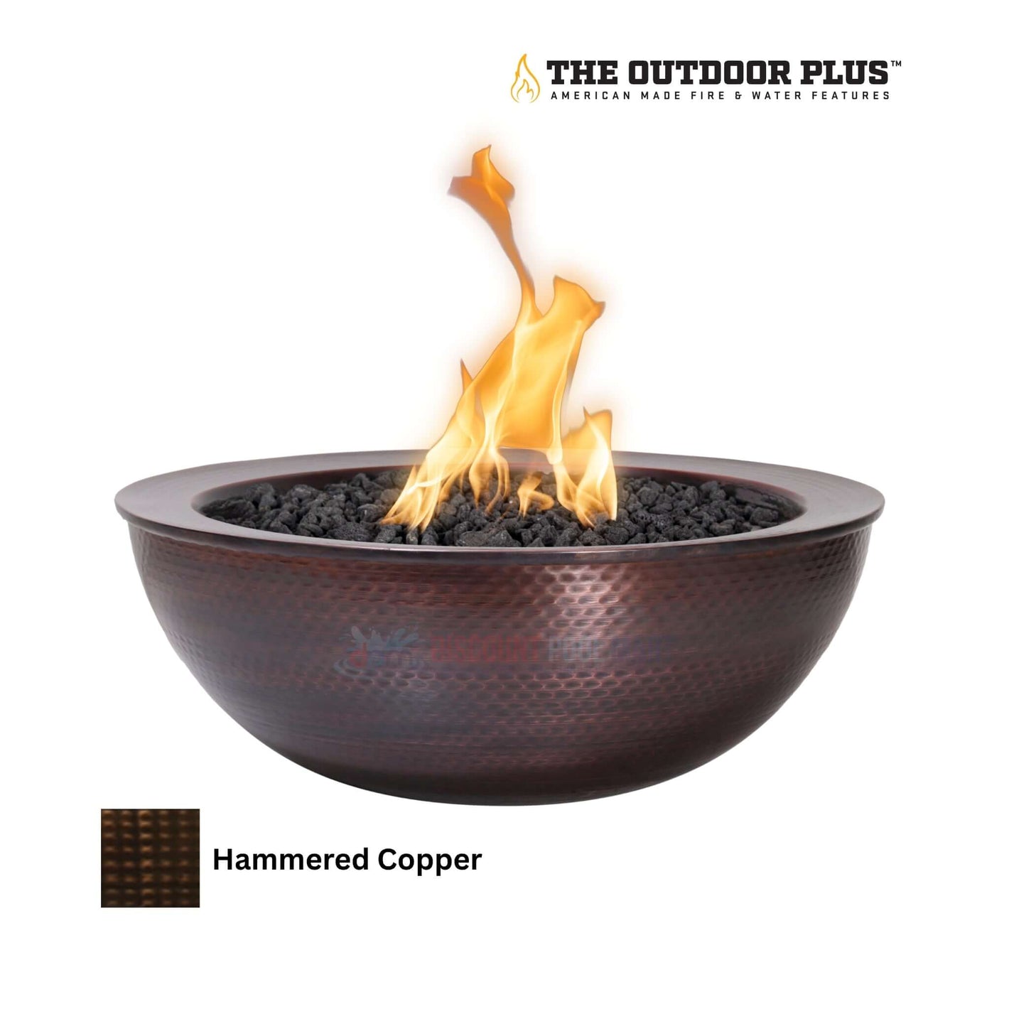 The Outdoor Plus Sedona Fire Bowl in Hammered Patina Copper 27" by Discount Pool Mart DPM. Handcrafted design with fire.