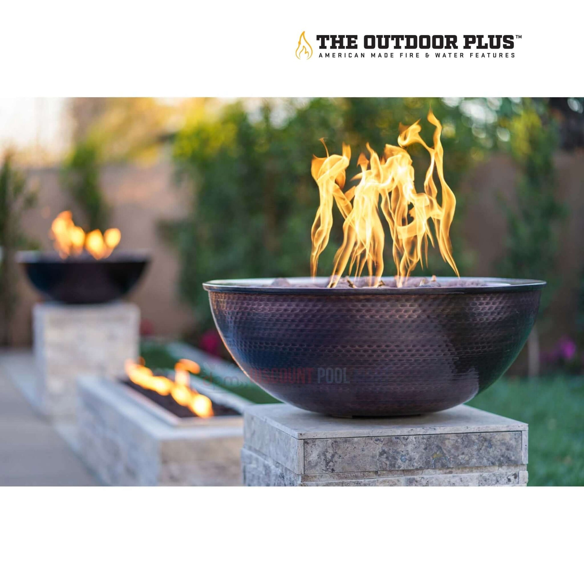 The Outdoor Plus Sedona Fire Bowl with flames, hammered patina copper, 27" - available at Discount Pool Mart DPM.