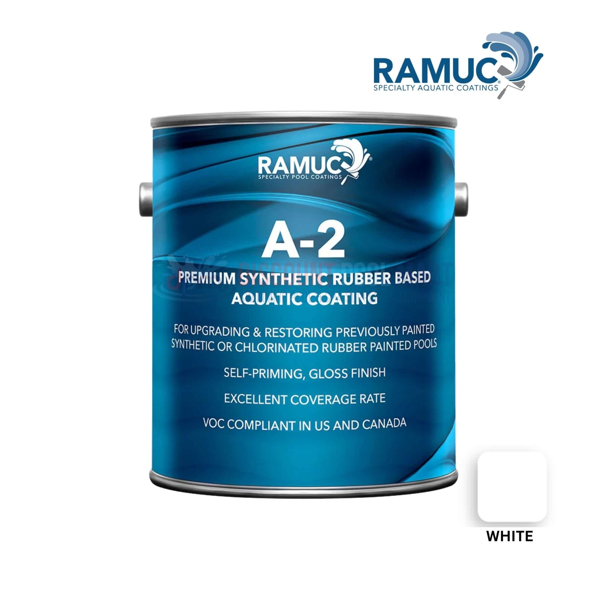 2962231101 | Ramuc A-2 Rubber Based White Pool Paint | 1 Gallon can displayed, ideal for pool supplies and restoration from Discount Pool Mart.