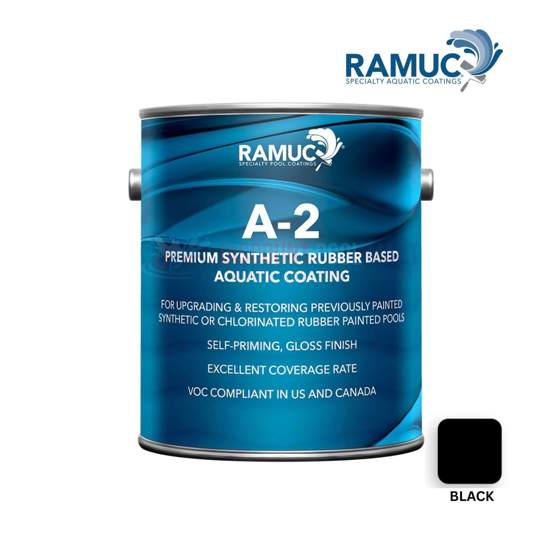 Ramuc A-2 Rubber Based Black Pool Paint 2962232101 in a can, ideal for pool refinishing, featured by Discount Pool Mart.