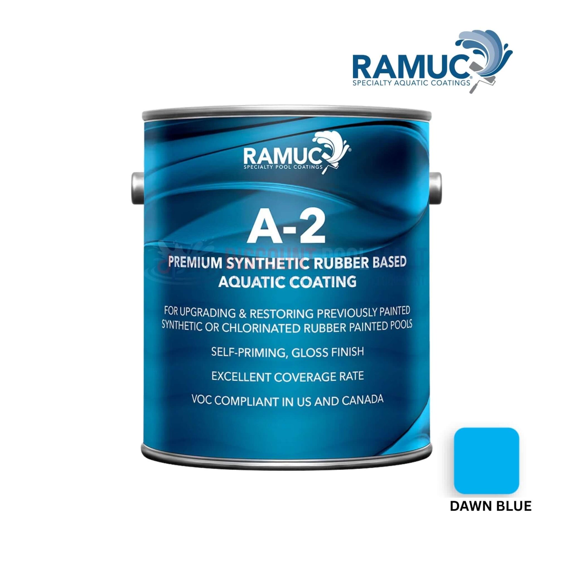 2962232801 | Ramuc A-2 Rubber Based Dawn Blue Pool Paint | 1 Gallon can image showing premium quality aquatic coating from Discount Pool Mart.