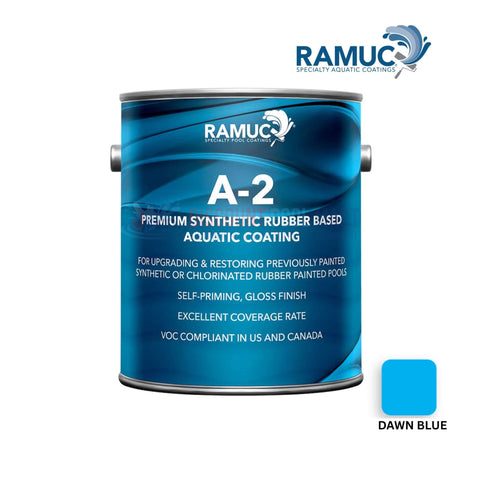 2962232801 | Ramuc A-2 Rubber Based Dawn Blue Pool Paint | 1 Gallon can image showing premium quality aquatic coating from Discount Pool Mart.
