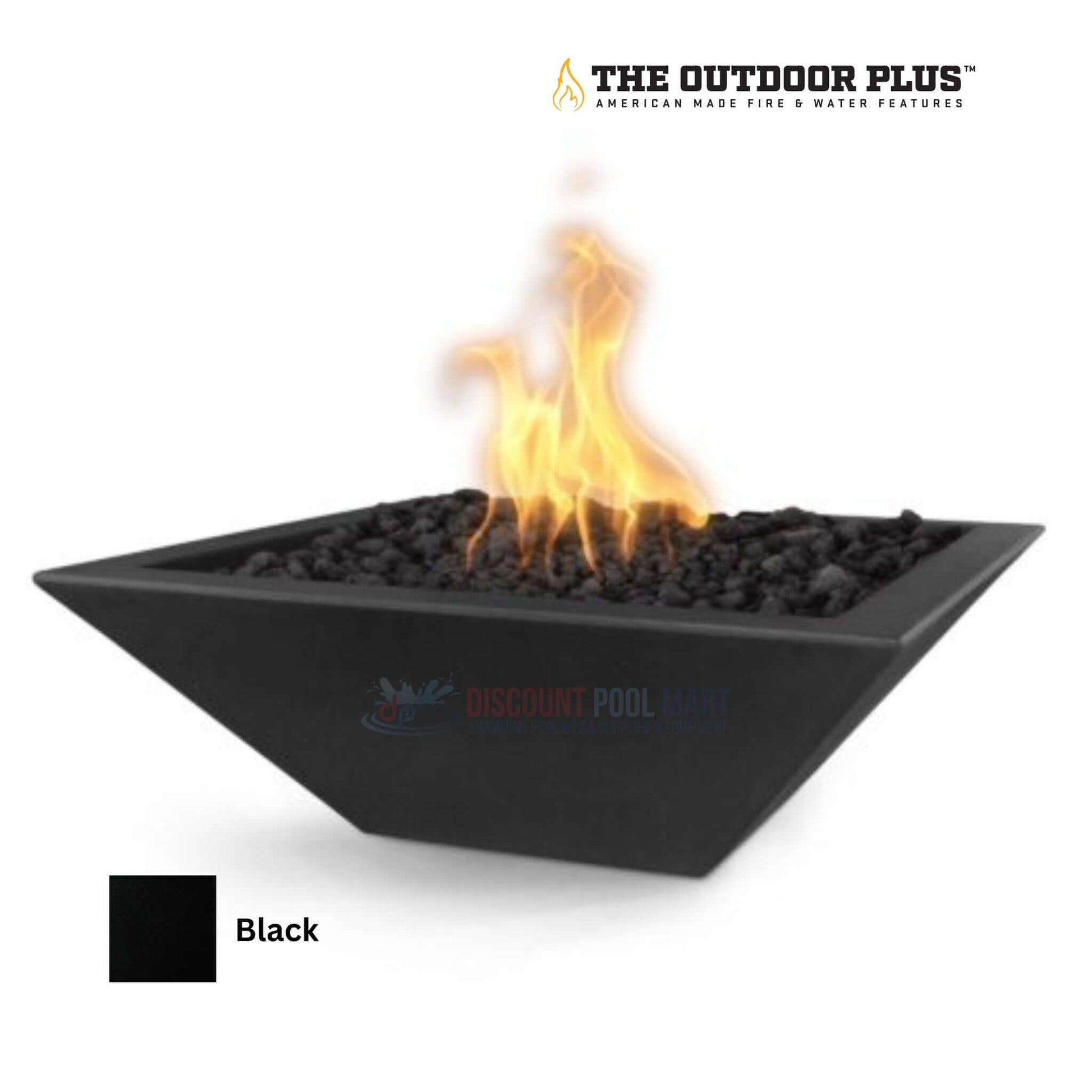 The Outdoor Plus Maya Fire Bowl GFRC Concrete in black from Discount Pool Mart DPM SKU: [insert SKU here]. Modern outdoor fire feature.