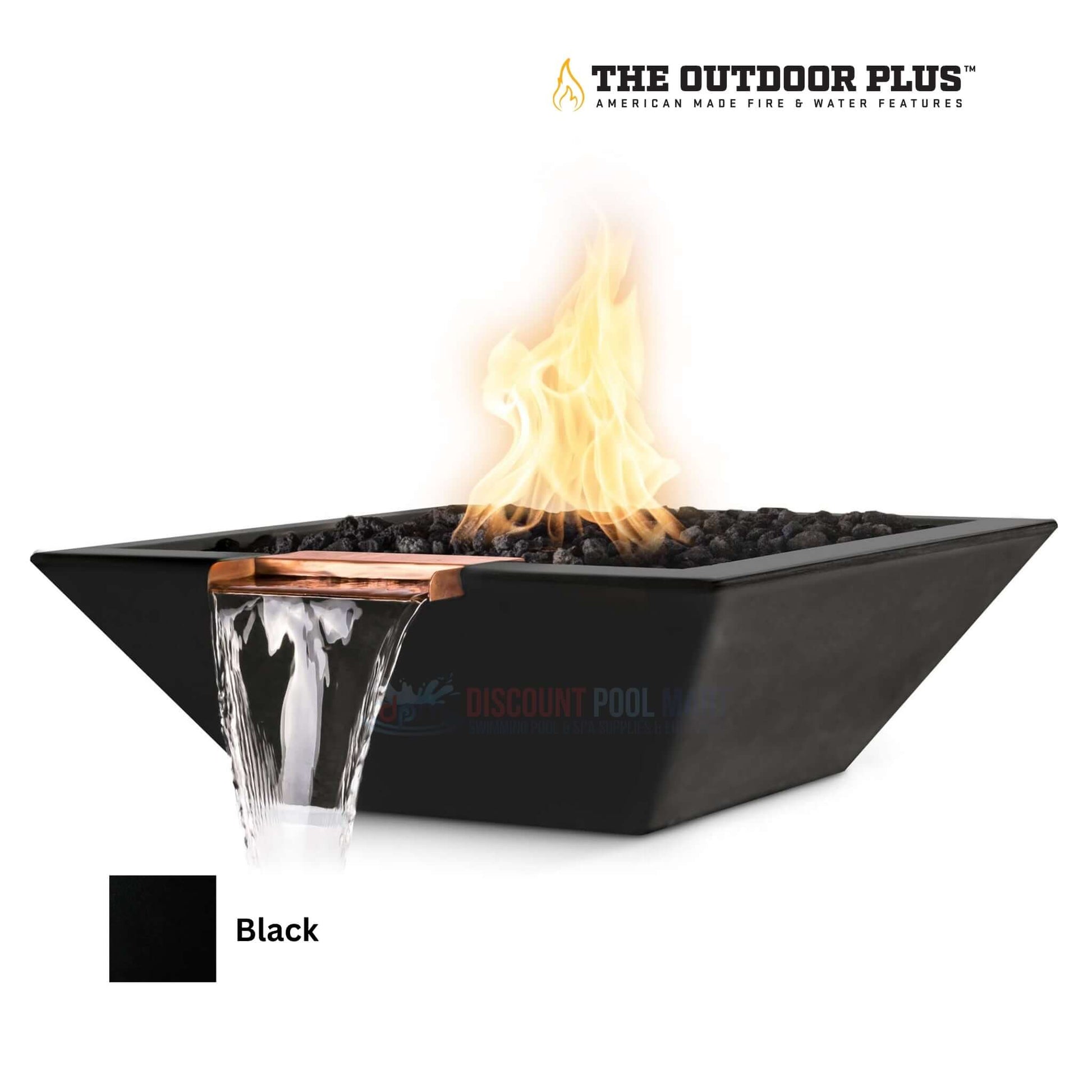 The Outdoor Plus Maya Fire & Water Bowl in Black GFRC Concrete by Discount Pool Mart DPM, sleek and durable.