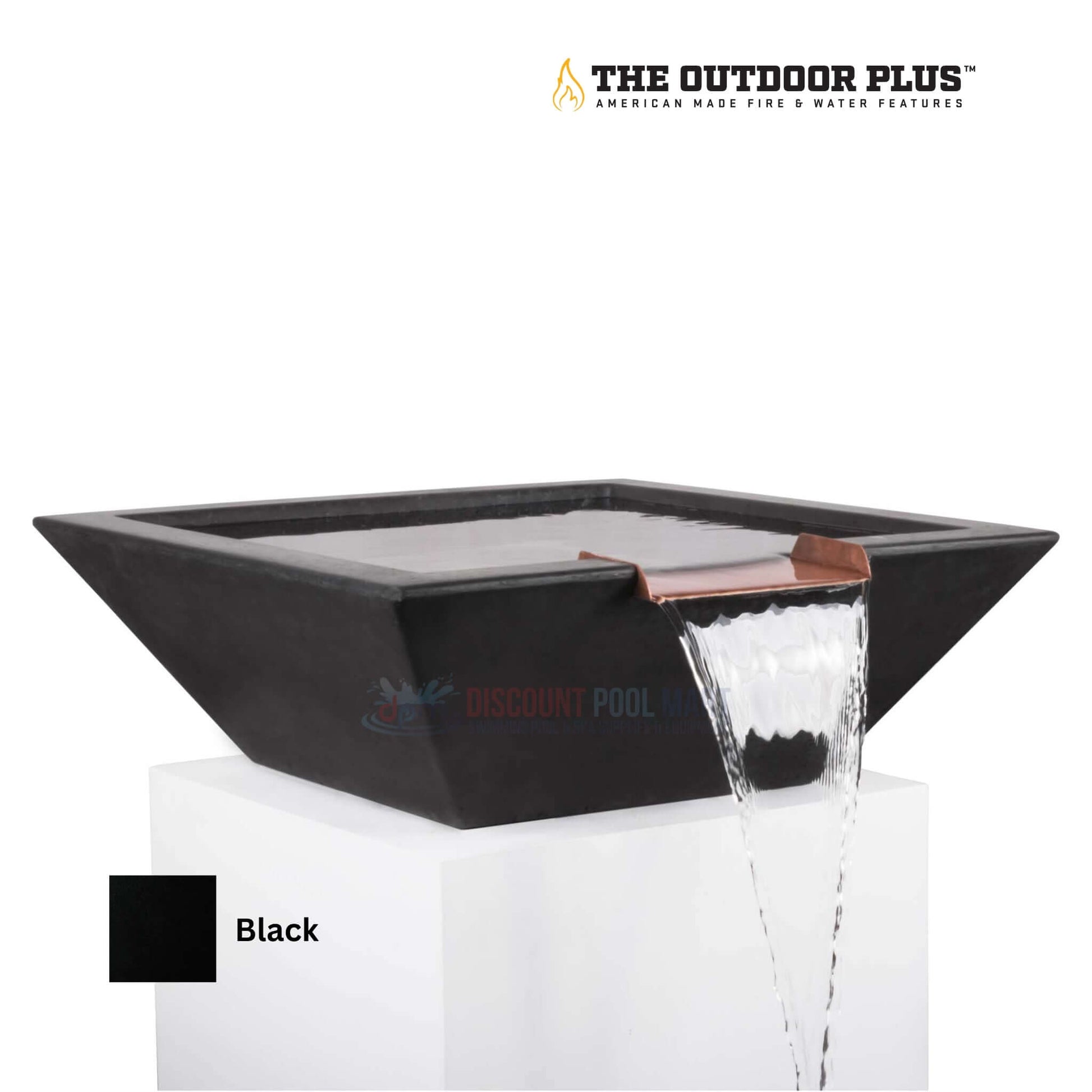 The Outdoor Plus Maya Water Bowl in black | GFRC Concrete | SKU DPM | Discount Pool Mart | Elegant outdoor feature.