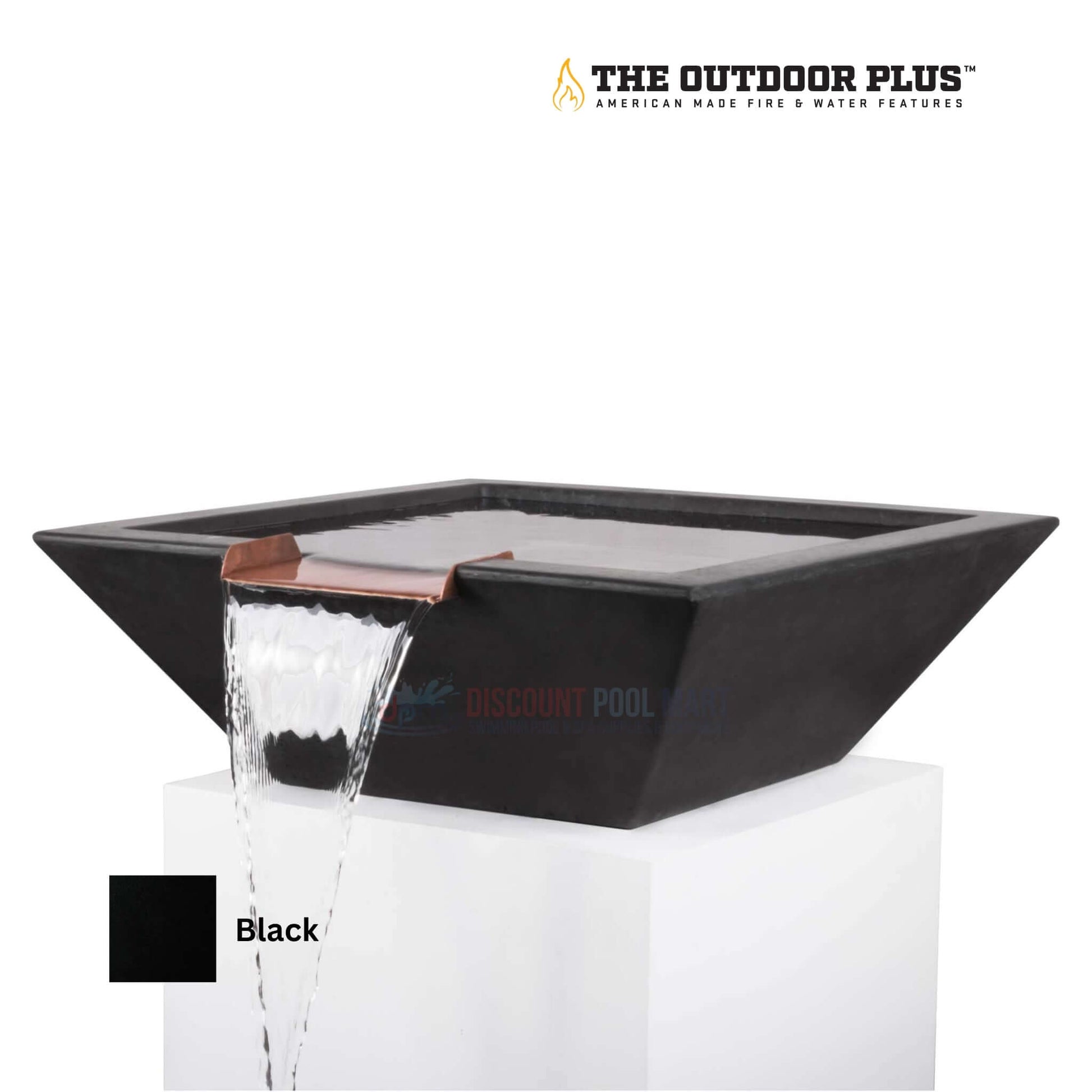 The Outdoor Plus Maya Water Bowl GFRC Concrete in black, handcrafted water feature by Discount Pool Mart DPM.