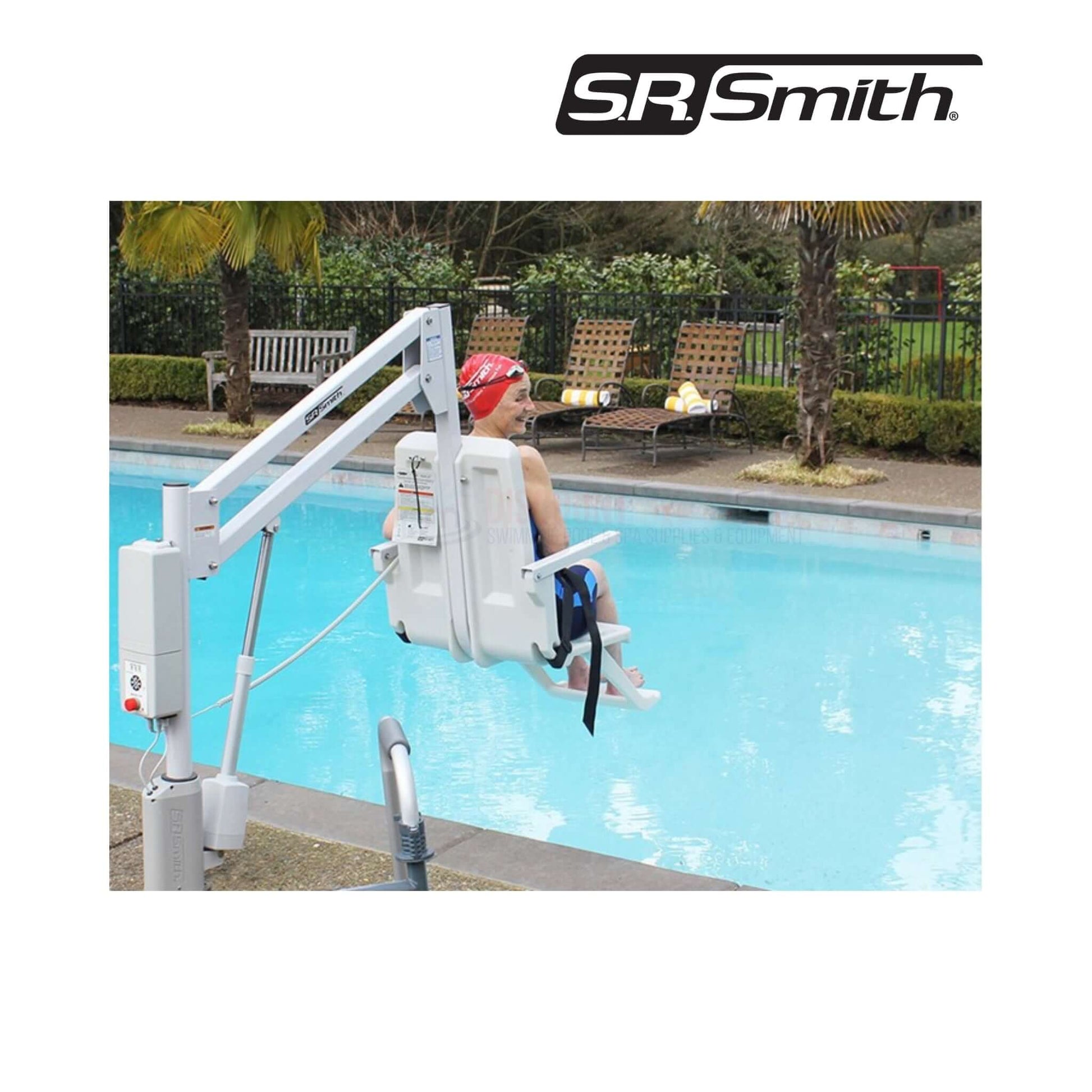 S.R. Smith aXs2 Pool Lift 310-0000N at pool for safe transfers. Available at Discount Pool Mart DPM.