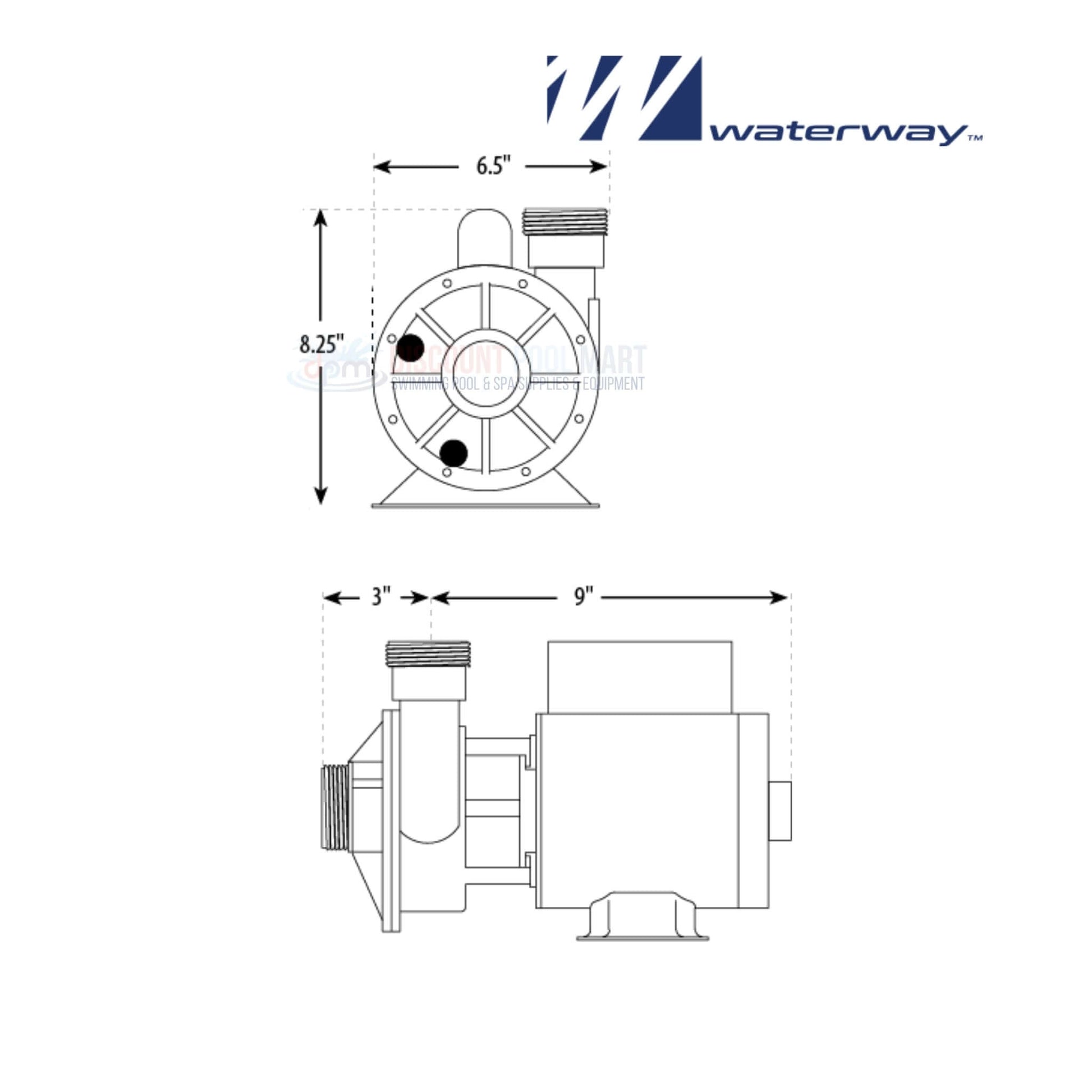 Technical drawing of 3410030-1E | Waterway Iron Might Spa/Pond Pump 1/15HP, showing dimensions and design for pool supplies at Discount Pool Mart.