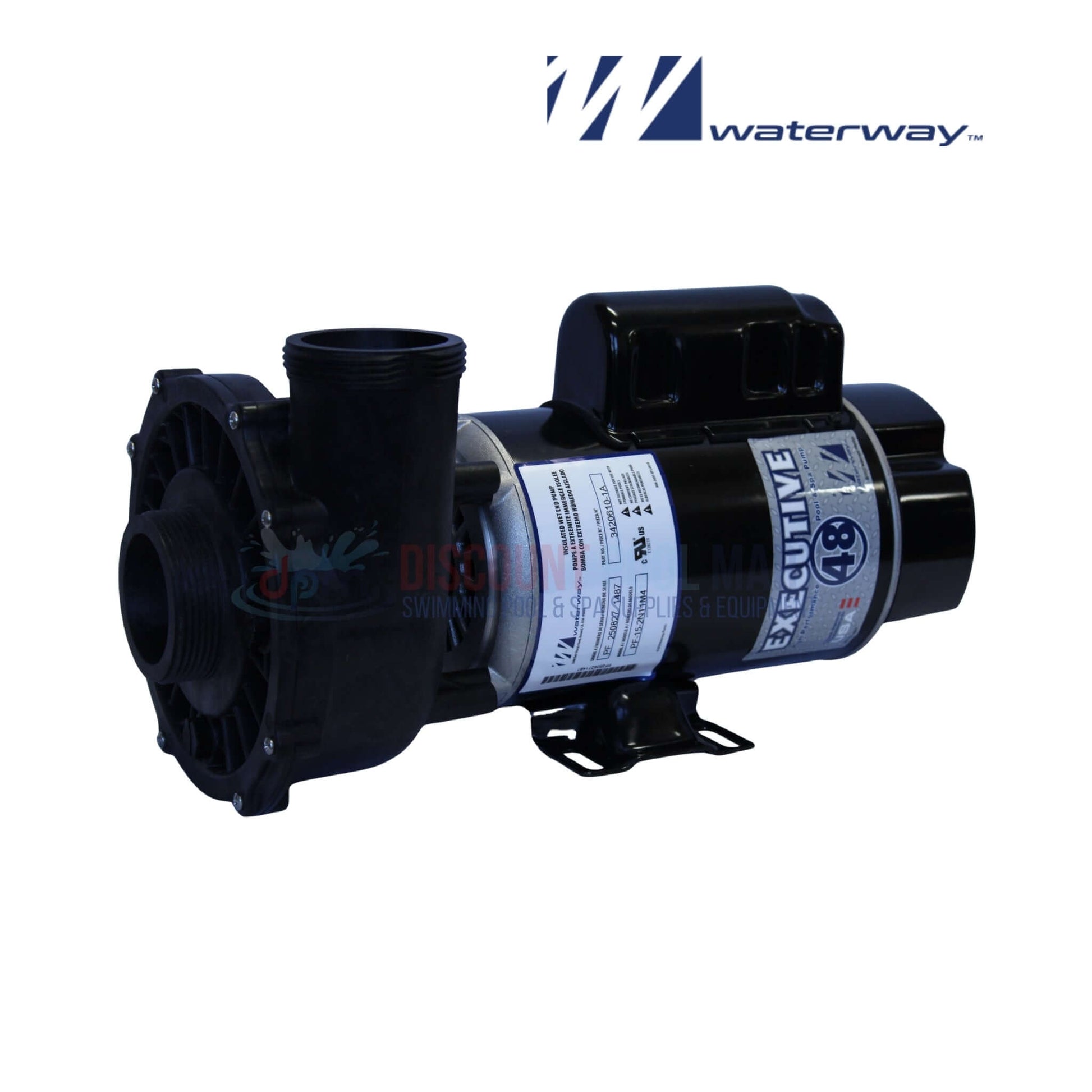Waterway 1.5HP Executive Spa Pump 115V 3420610-1A, side view showing durable design, suitable for Discount Pool Mart pool supplies.