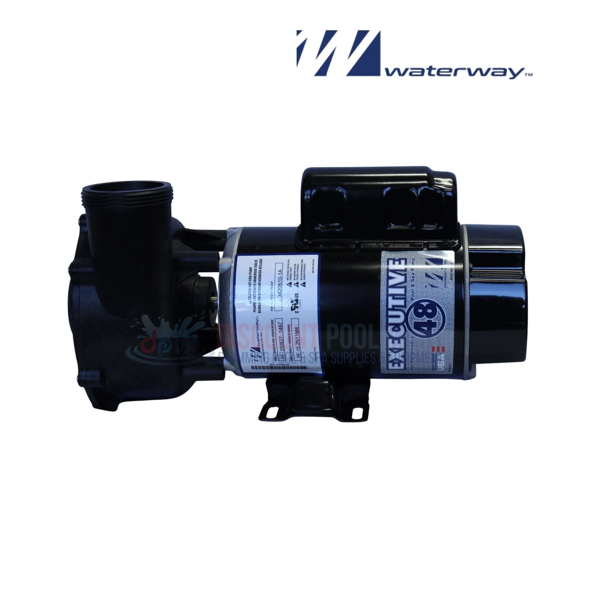 Waterway 1.5HP Executive Spa Pump 115V 3420610-1A showing black casing, side view, ideal for large spa systems, Discount Pool Mart.