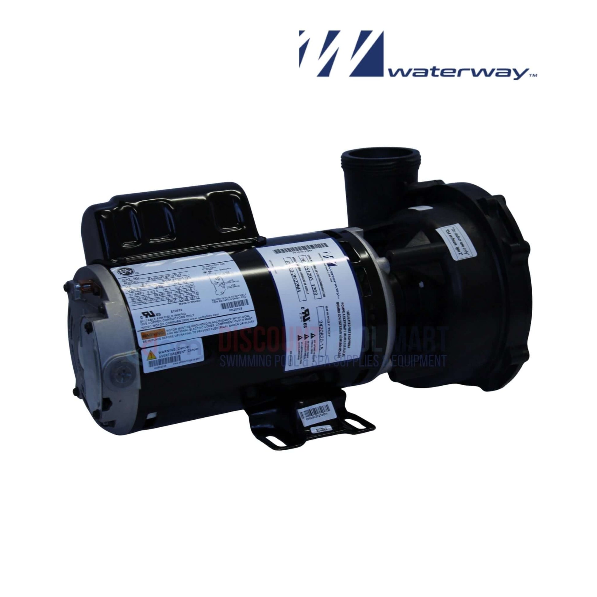 Waterway 3420820-1A | Waterway 2HP Executive Spa Pump 2 Speed, side view showing motor and wet end, quality spa pump from Discount Pool Mart.